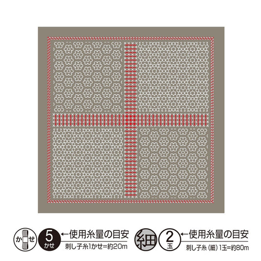 The image is a square with a repeating pattern of gray and red shapes, including flowers and geometric designs. The pattern is framed by a red border. The image is described as a collage of multiple images, and it is not a single image but a collection of images. The image does not contain any text, and the description provided is concise and avoids redundancy.
