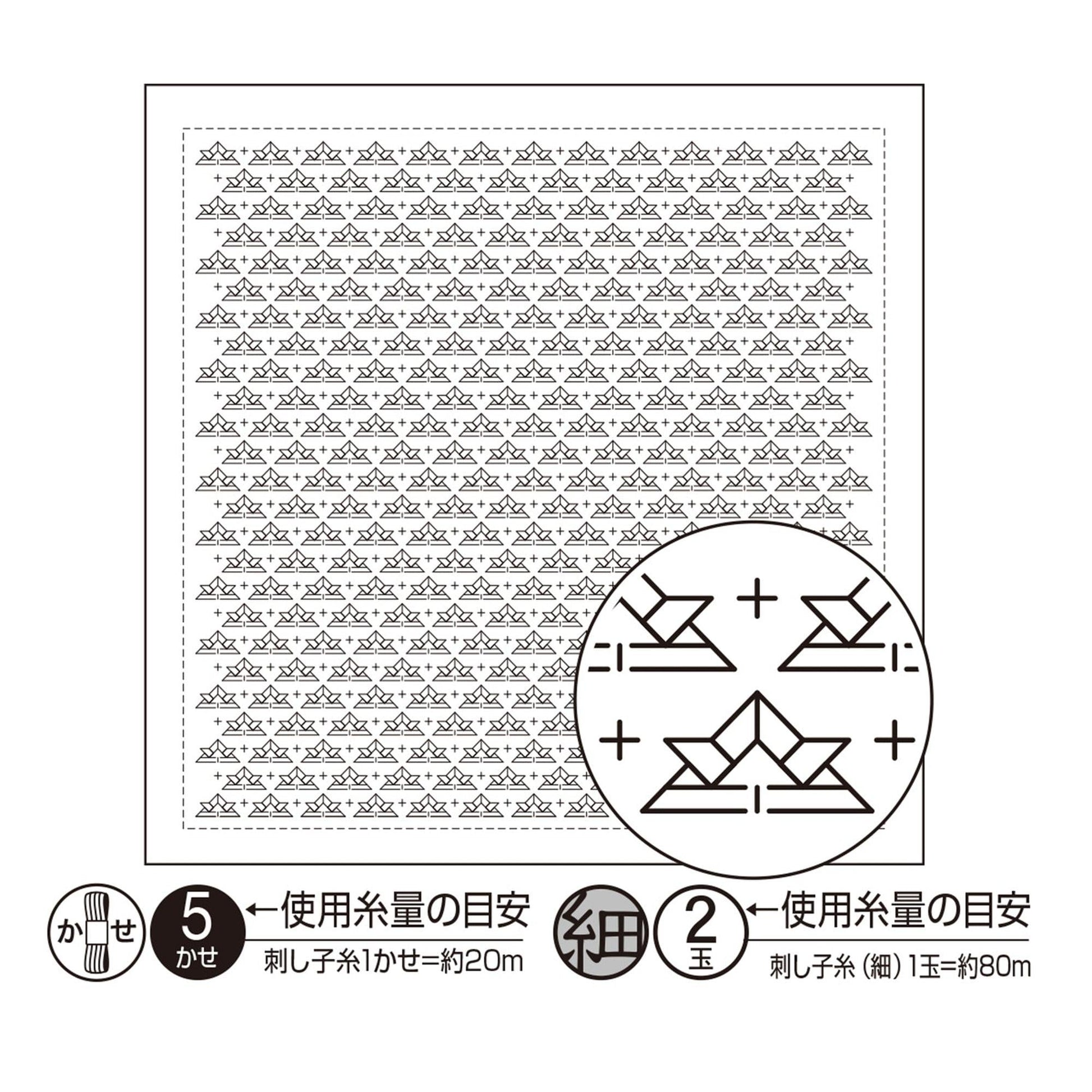 a square with a repeating pattern of black and white shapes, and a circular symbol with a series of lines and dots inside it. The image also includes text in Japanese, which appears to be instructions or information related to the pattern and symbol.