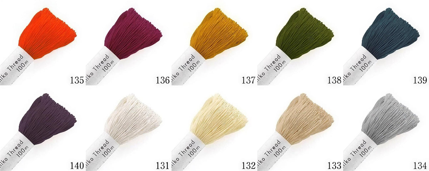 a collection of eight different colored threads, each with a label indicating the color and size.