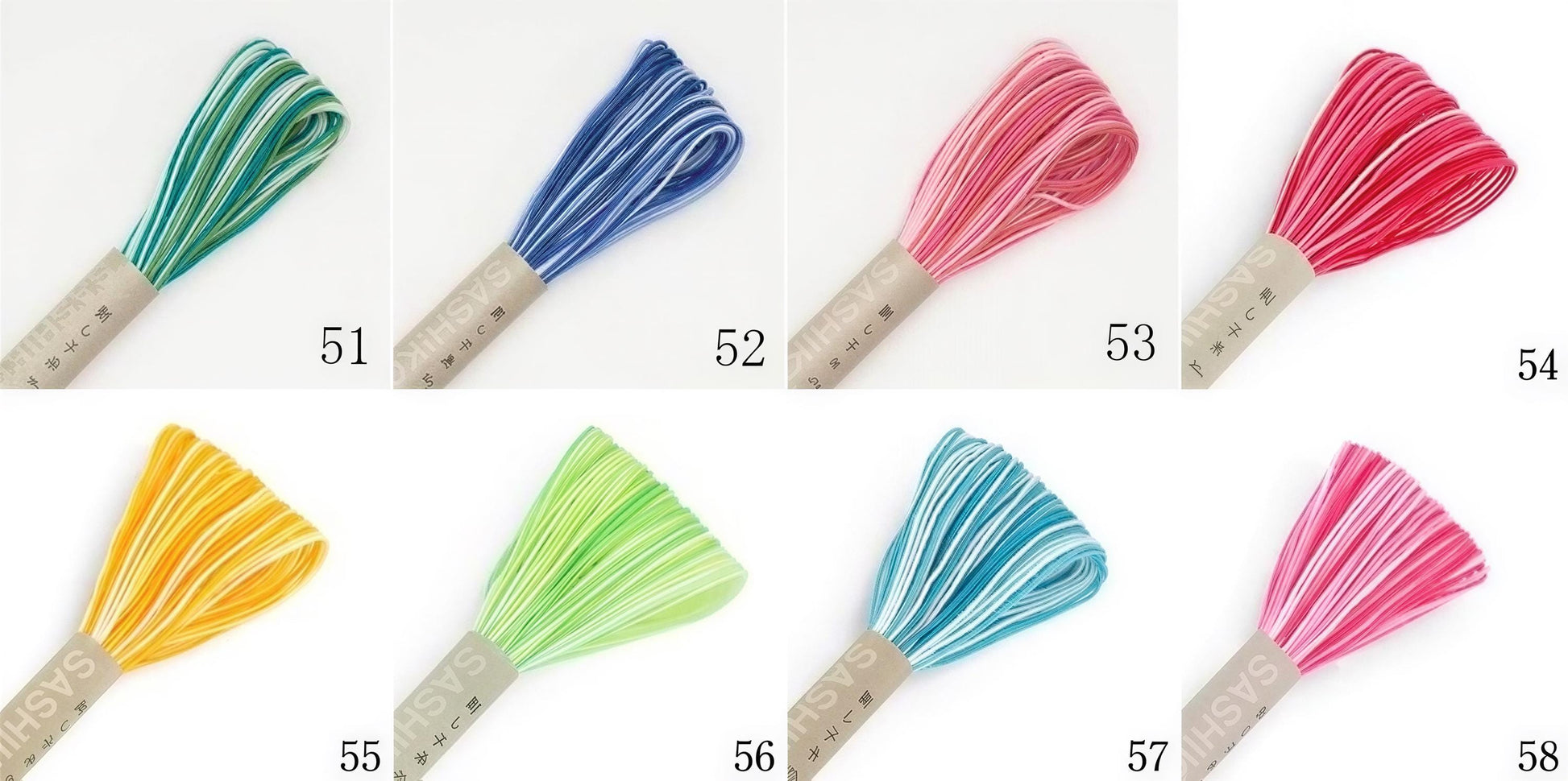 a collection of eight different colored spools of thread, each with a unique color and pattern.