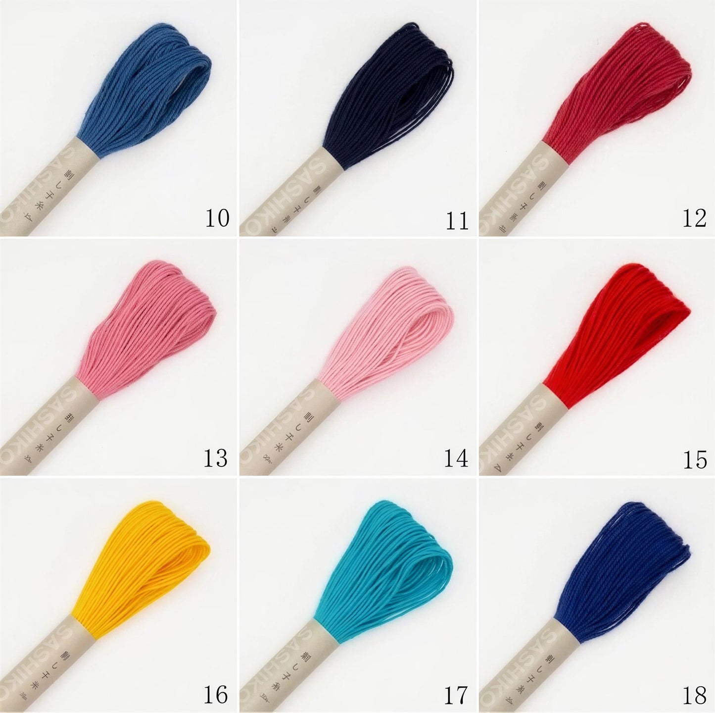 nine different spools of thread, each with a unique color and size, arranged in a 3x3 grid.
