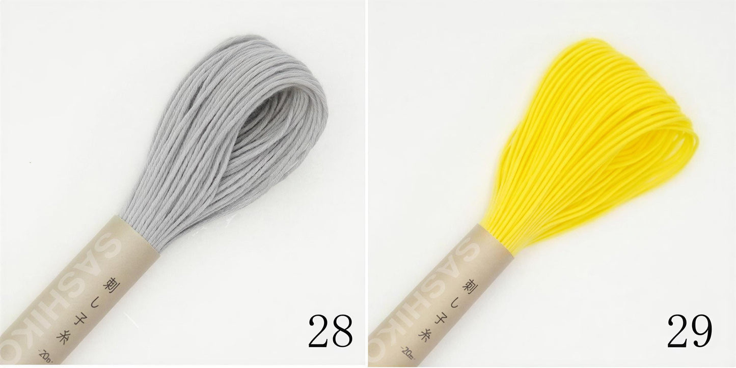 two spools of thread, one gray and one yellow, with the numbers 28 and 29 visible.