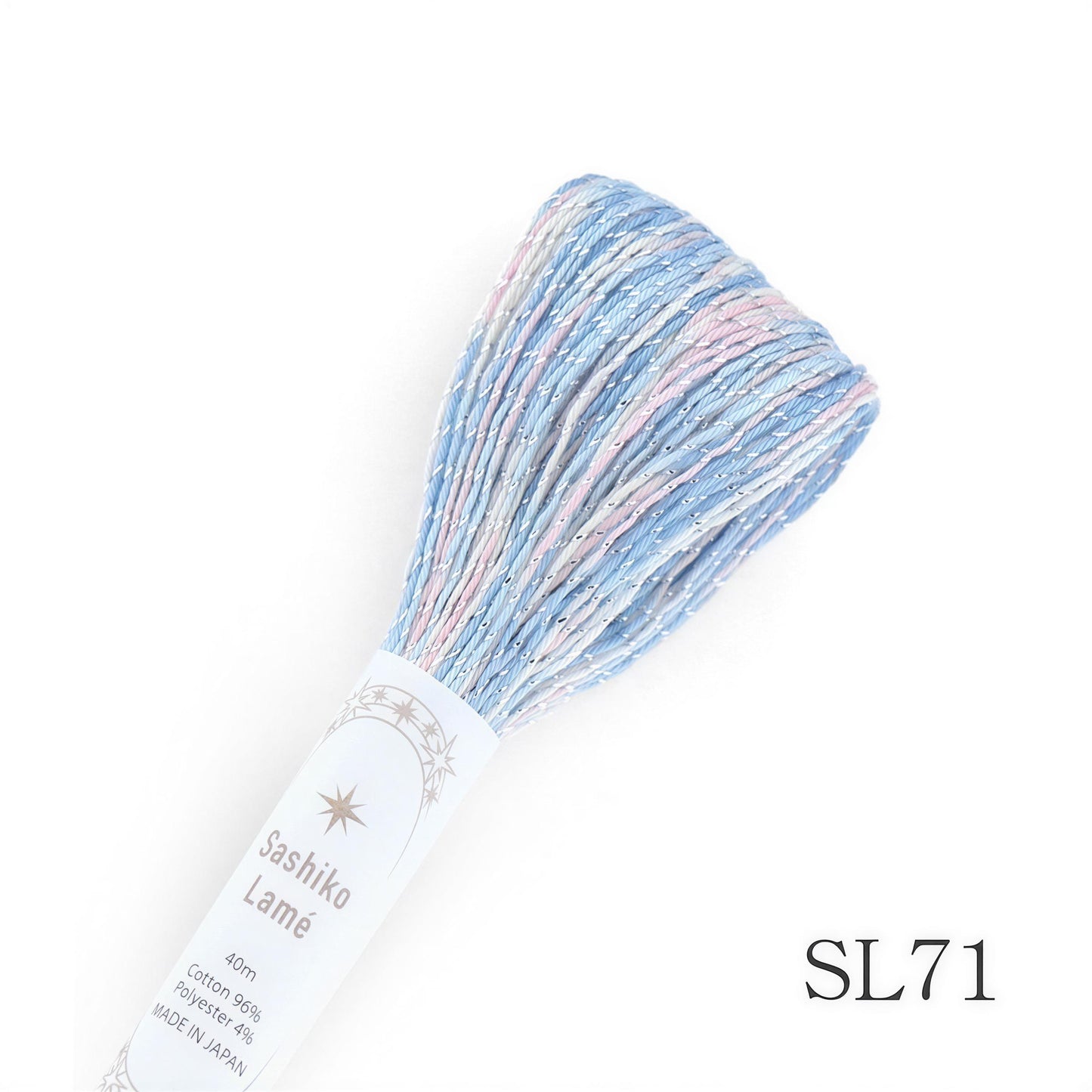 A spool of thread with blue and pink stripes, labeled "Sashiko Lame" and "40m Cotton thread, Polyester, 4%", is shown against a white background.