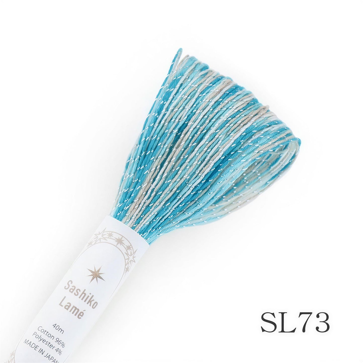 A close-up image of a spool of thread with blue and white stripes, labeled as "Sashiko Lame" and "SL73".