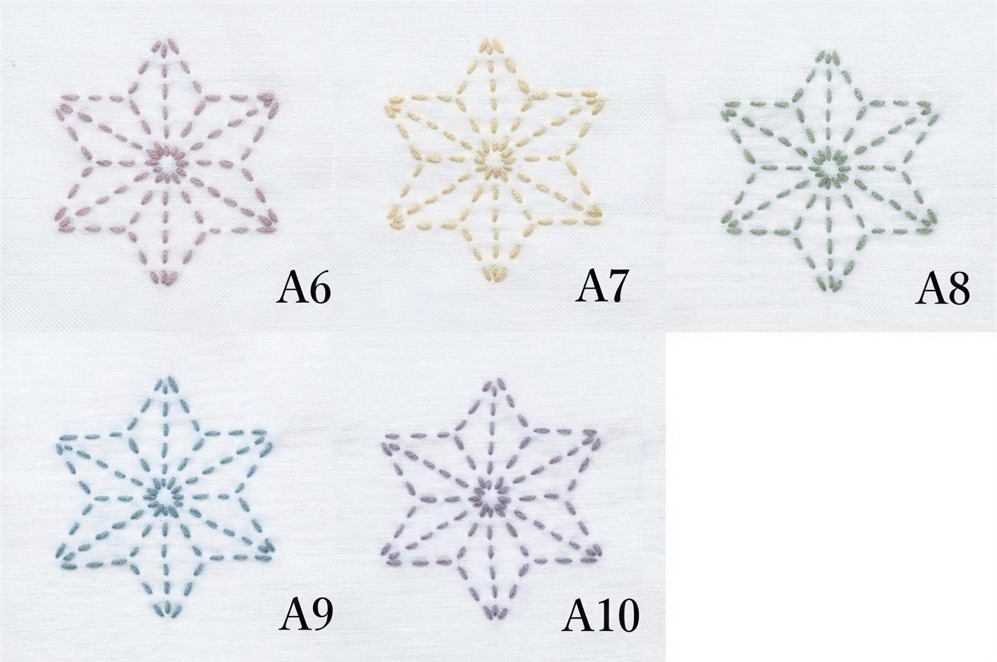 four images of star-shaped embroidery designs, each with a different color and pattern. The images are labeled with the numbers A6, A7, A8, and A9, indicating the order or sequence in which they appear.