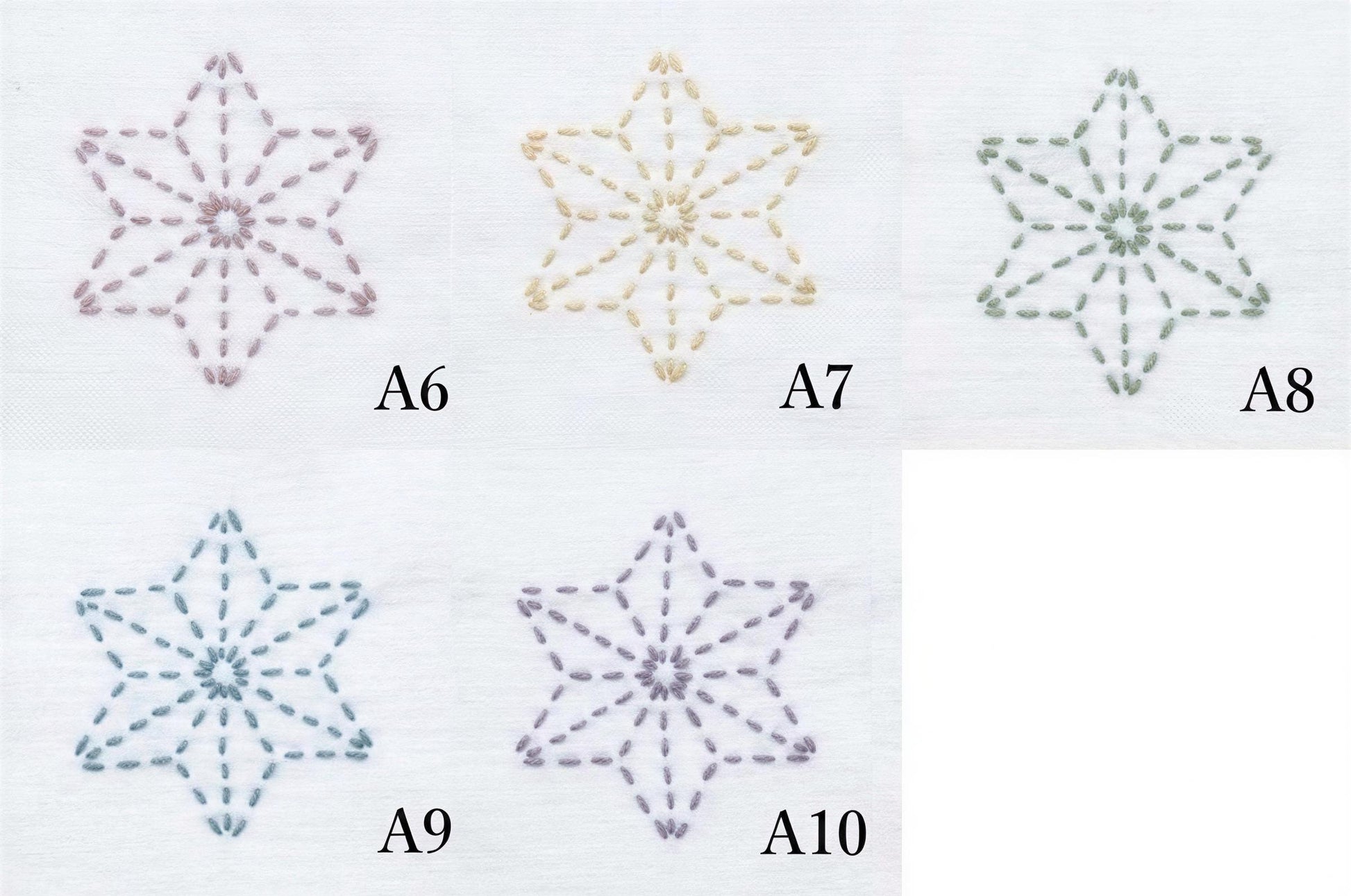 four images of star-shaped embroidery designs, each with a different color and pattern. The images are labeled with the numbers A6, A7, A8, and A9, indicating the order or sequence in which they appear.