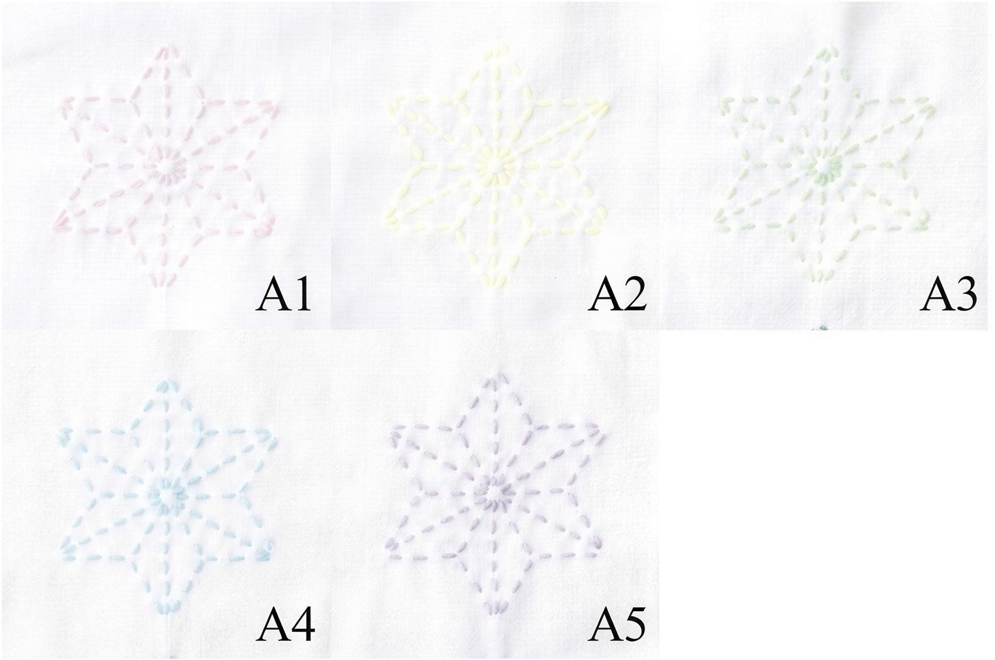 four different star-shaped embroidery designs, each with a unique color and pattern. The designs are labeled with the numbers A1, A2, A3, and A4, indicating their respective positions in the image.