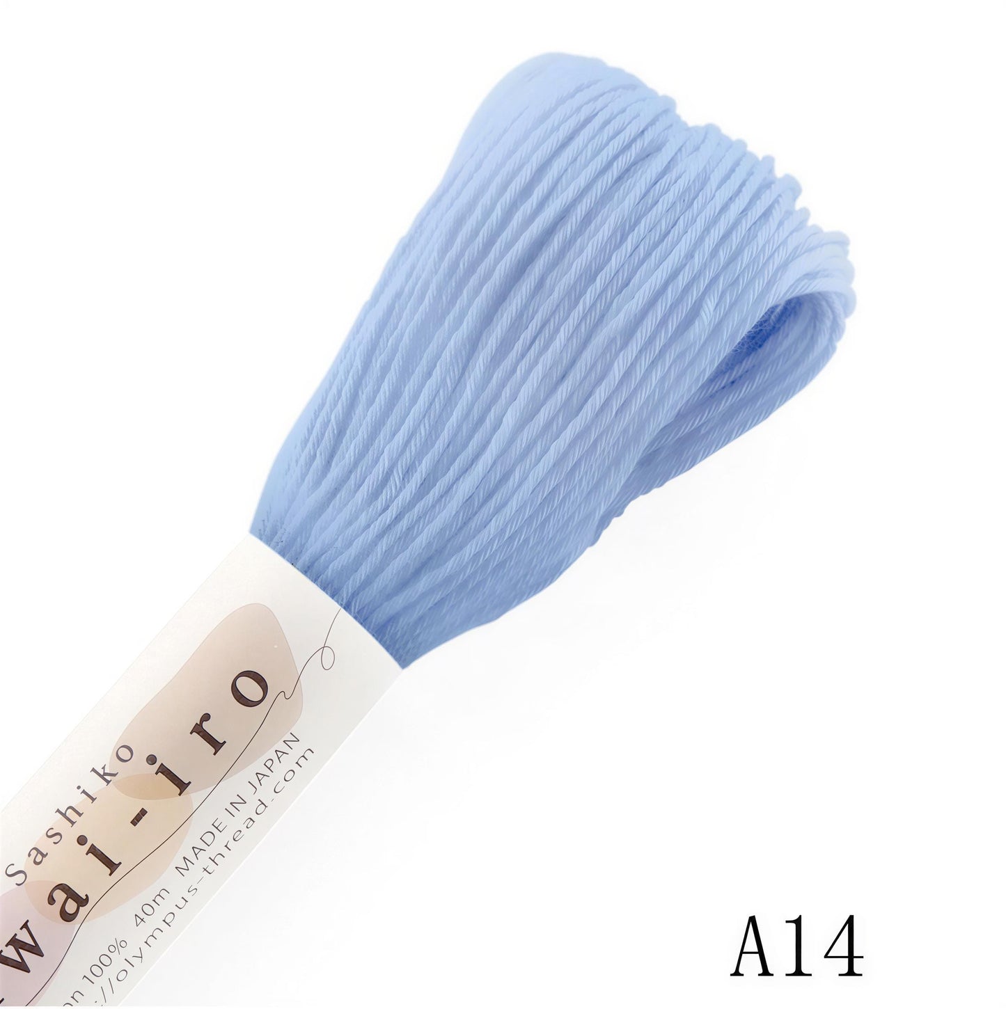 A close-up image of a spool of blue thread with the label "Washi-iro" and the number "A14" printed on it.