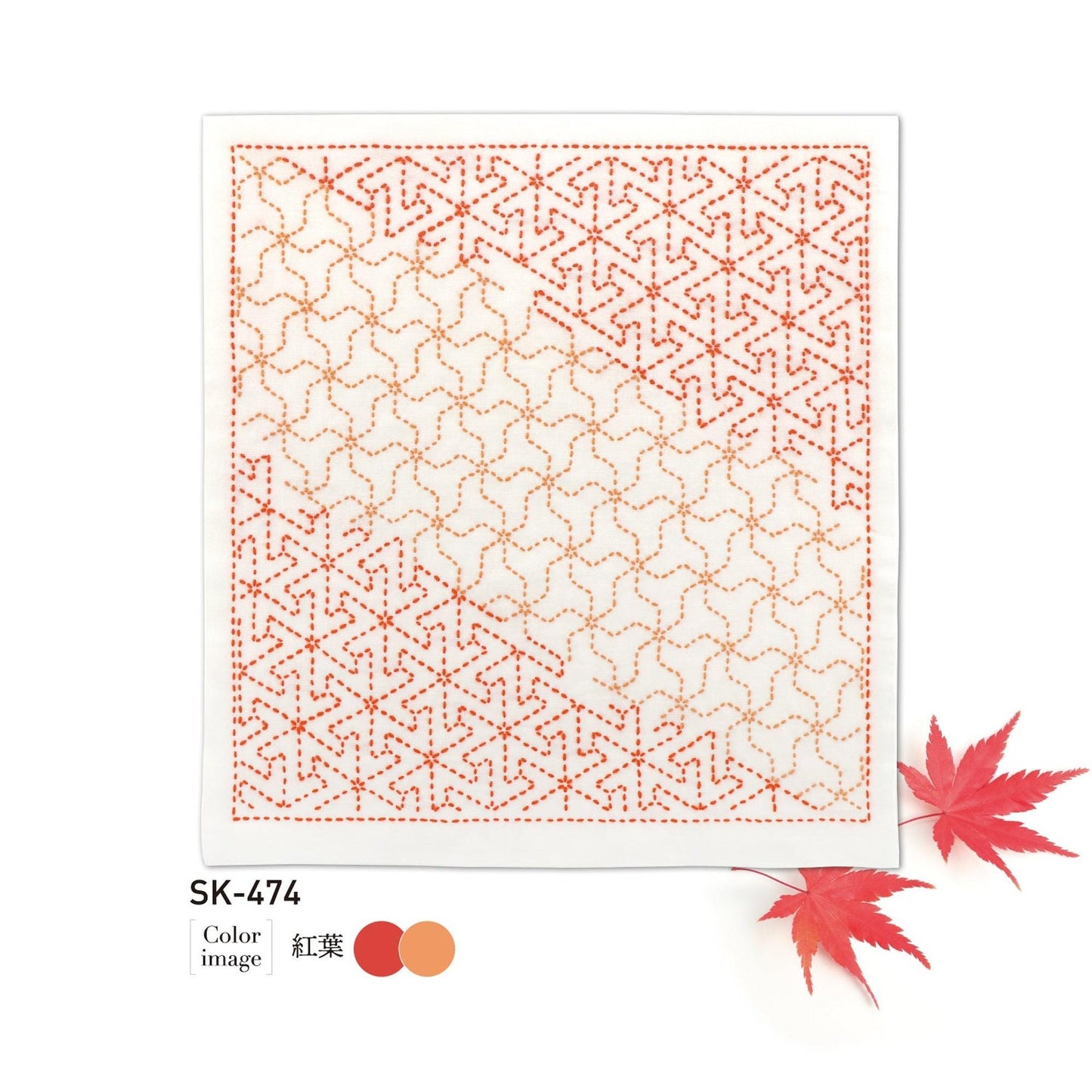The image is a square with a repeating pattern of orange and white triangles, and there are two red maple leaves on the right side of the image.