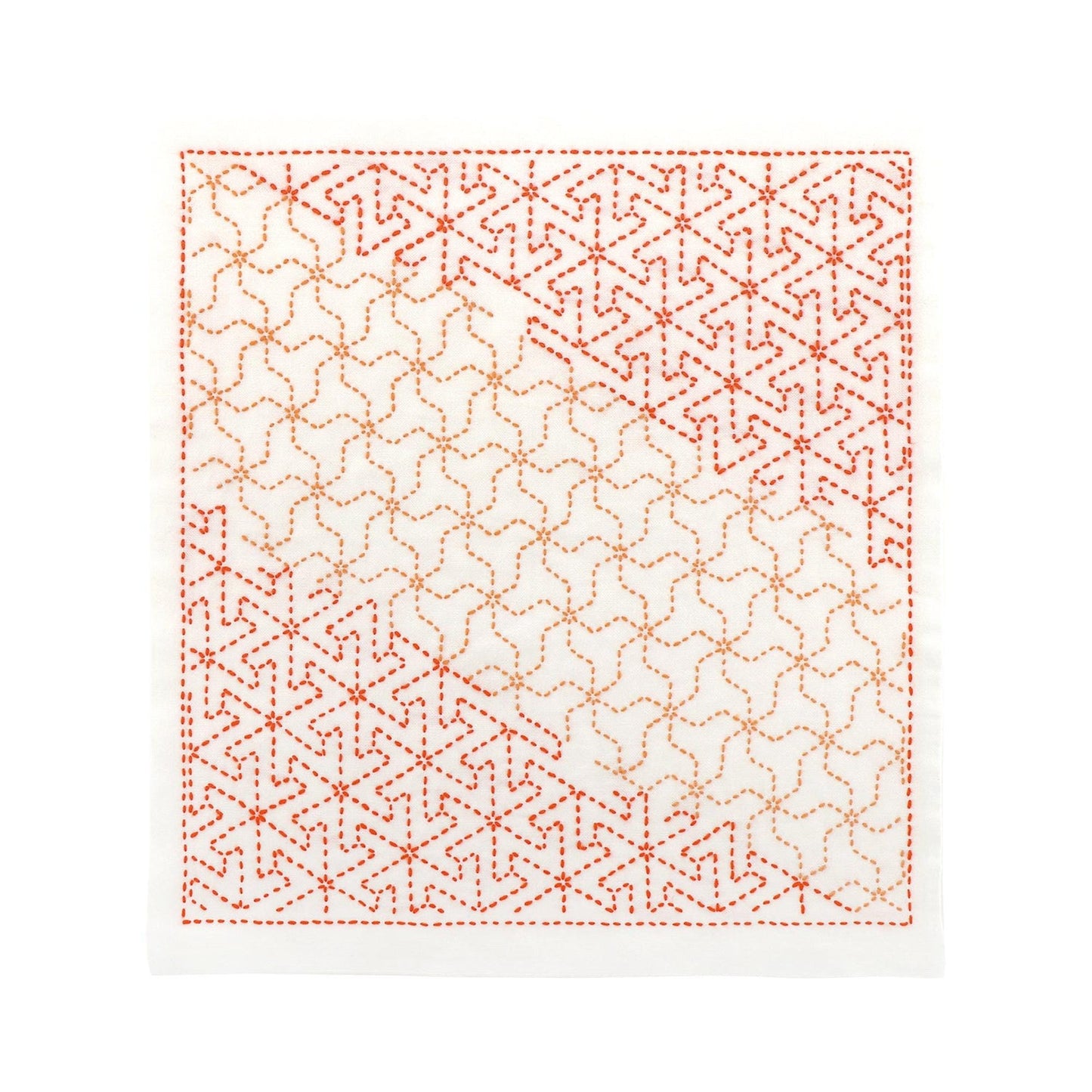 a square with a repeating pattern of red and orange triangles arranged in a diagonal line across the white background.