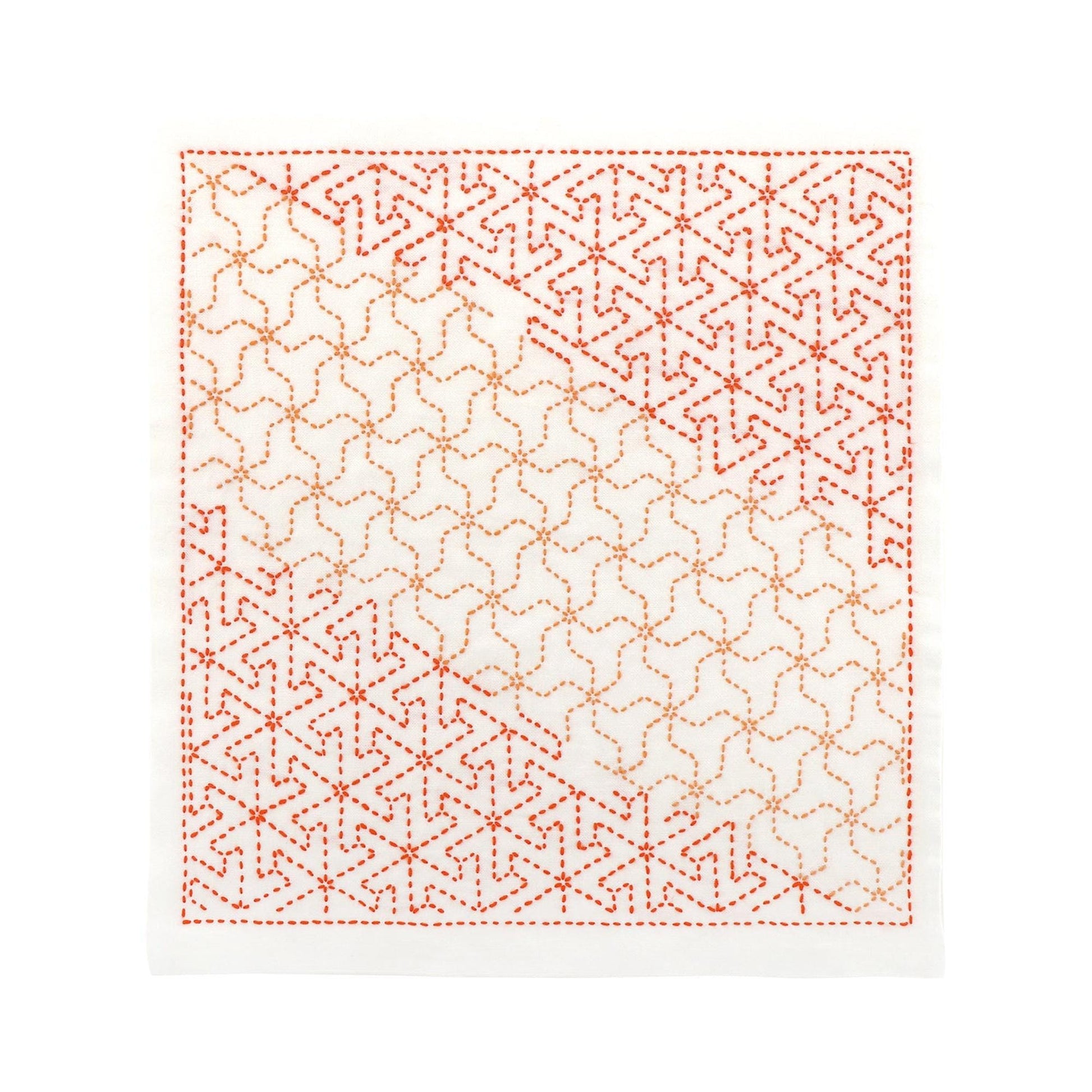 a square with a repeating pattern of red and orange triangles arranged in a diagonal line across the white background.