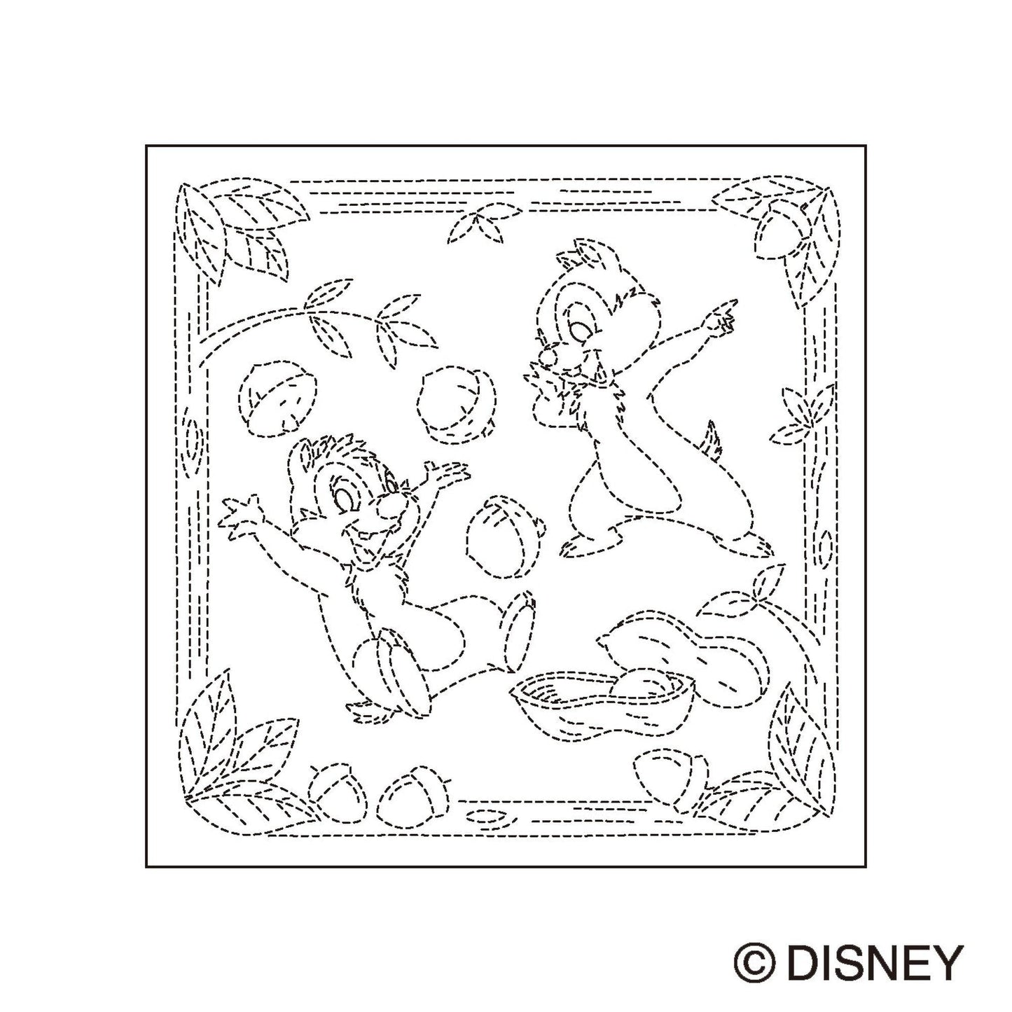 The image is a black and white line drawing featuring two cartoon chipmunks, one standing and one sitting, surrounded by leaves and acorns.