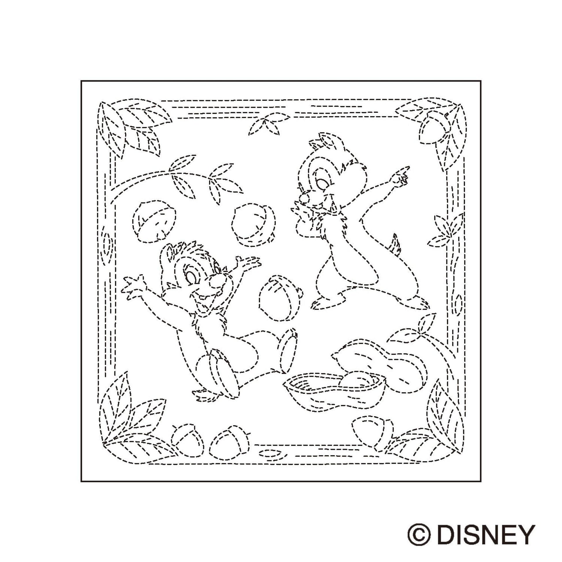 The image is a black and white line drawing featuring two cartoon chipmunks, one standing and one sitting, surrounded by leaves and acorns.