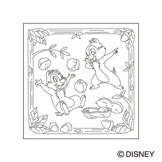 The image is a black and white line drawing featuring two cartoon chipmunks, one standing and one sitting, surrounded by leaves and acorns.