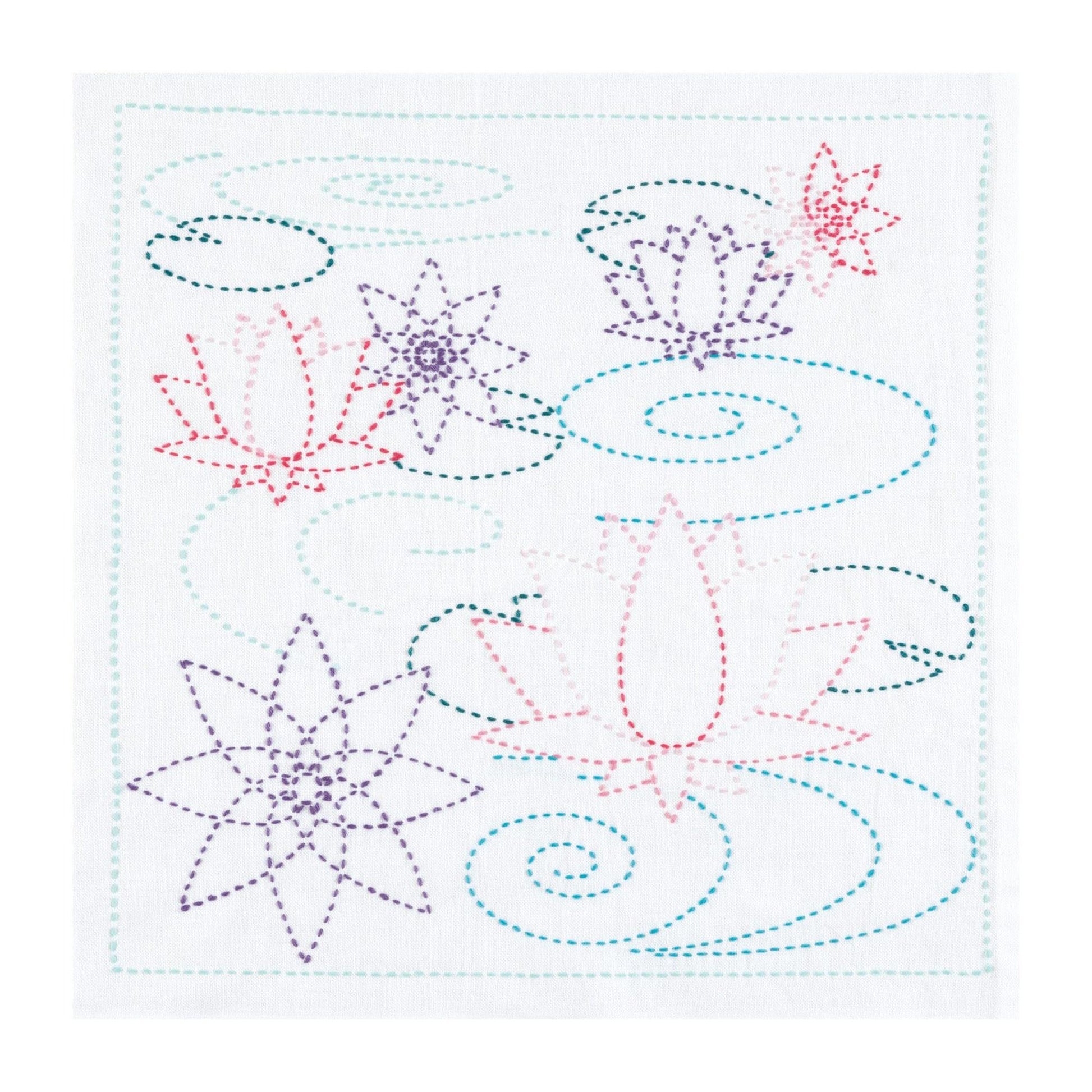 The image is a colorful and intricate embroidered design featuring various flowers and swirls in shades of red, purple, and pink against a white background.