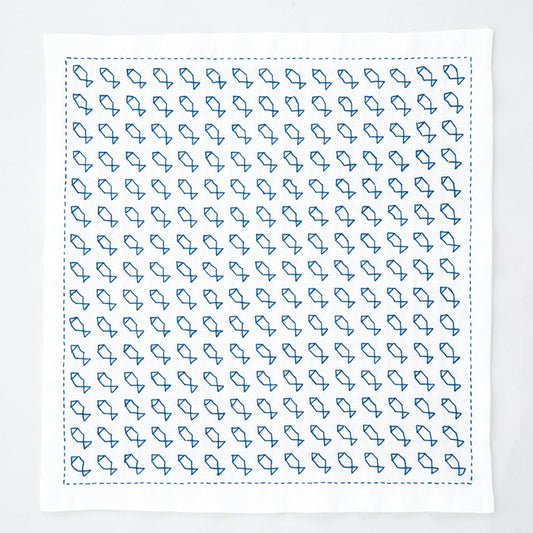 a square with a repeating pattern of blue fish illustrations.