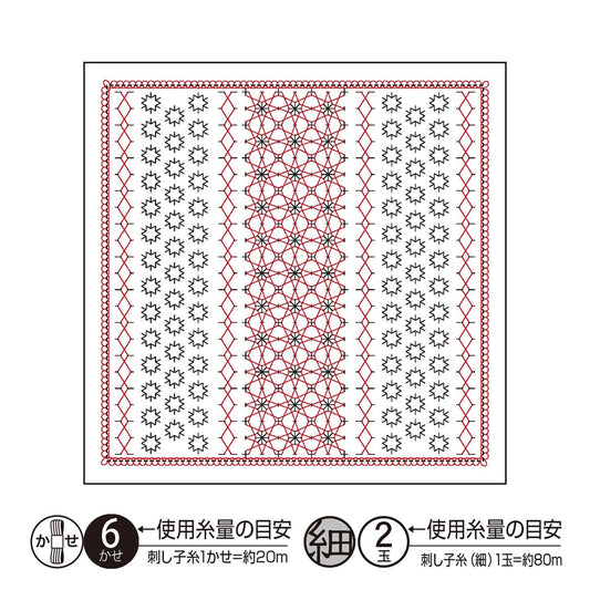 The image is a square with a repeating pattern of red and black geometric shapes, including circles, triangles, and diamonds. The pattern is arranged in a symmetrical and intricate design.