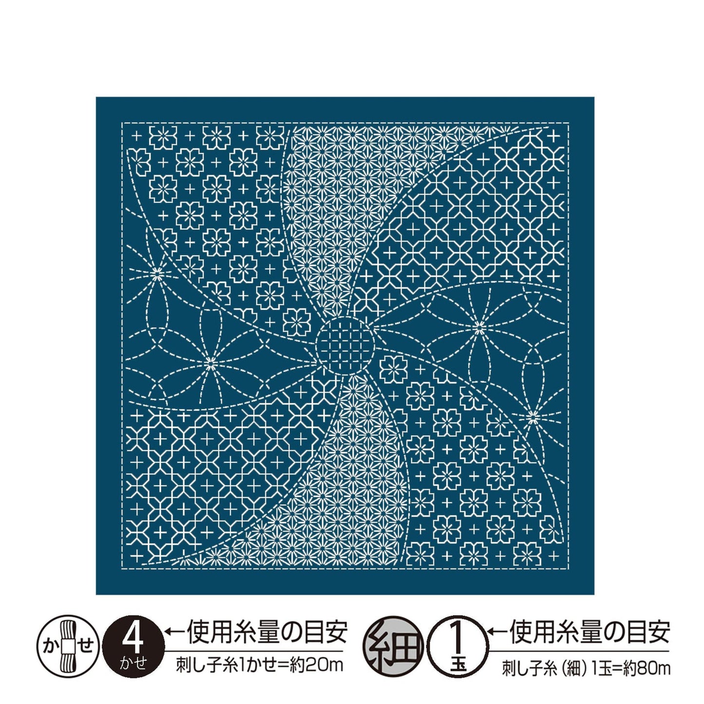The image is a square with a blue background and a repeating pattern of white flowers and leaves. The pattern is intricate and detailed, featuring various shapes and designs. The image does not contain any text or additional objects, and the overall composition is simple and minimalistic.