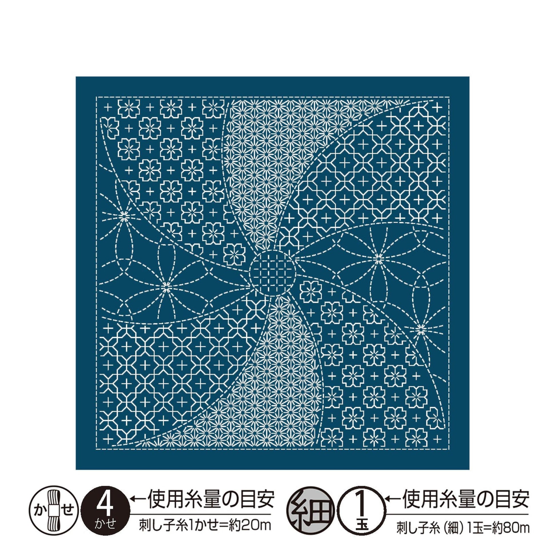 The image is a square with a blue background and a repeating pattern of white flowers and leaves. The pattern is intricate and detailed, featuring various shapes and designs. The image does not contain any text or additional objects, and the overall composition is simple and minimalistic.