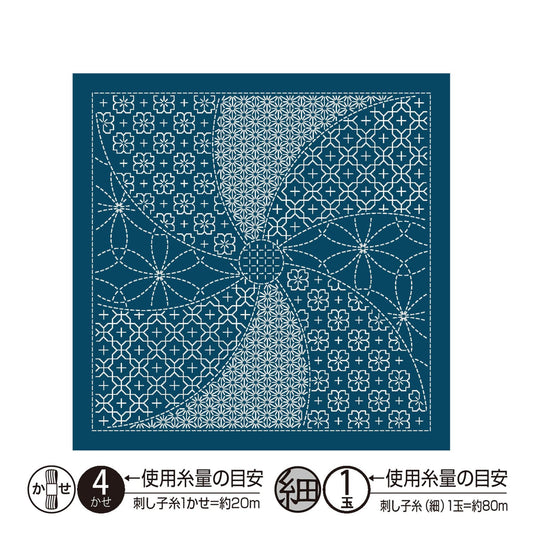 The image is a square with a blue background and a repeating pattern of white flowers and leaves. The pattern is intricate and detailed, featuring various shapes and designs. The image does not contain any text or additional objects, and the overall composition is simple and minimalistic.