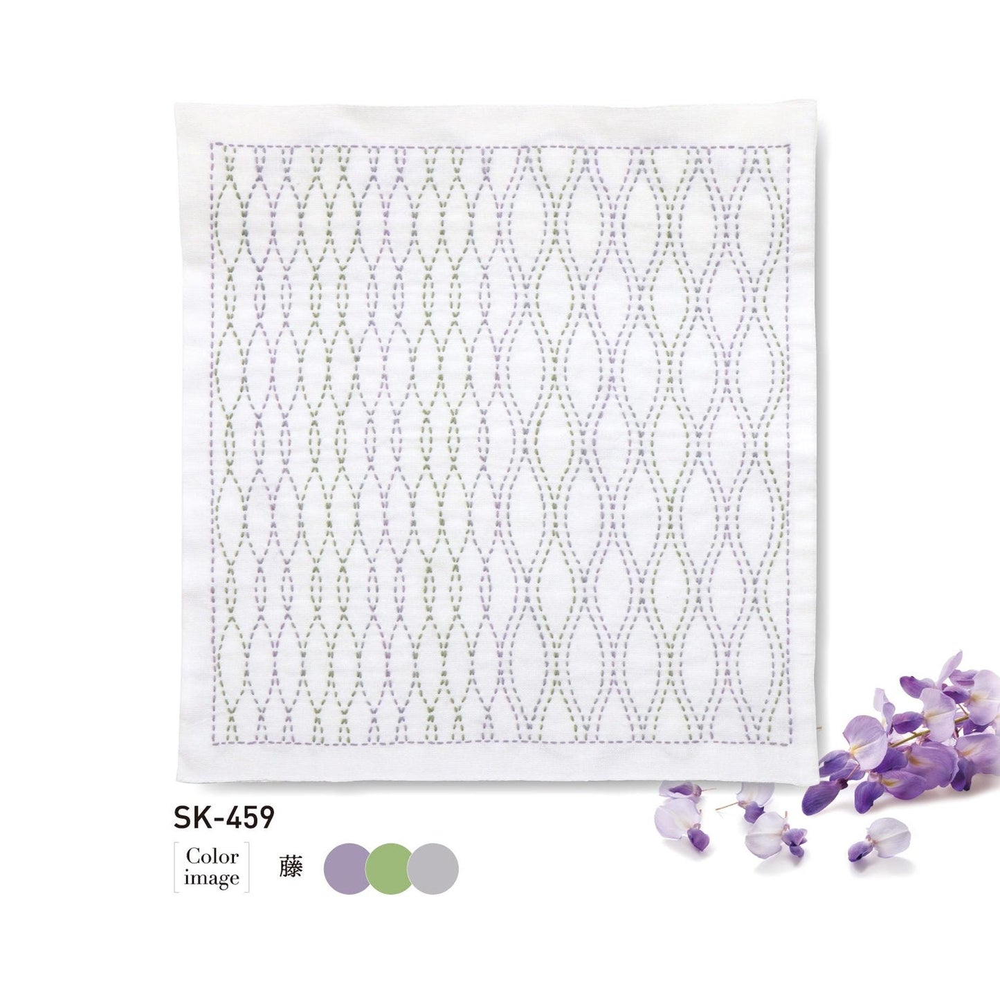 a square piece of fabric with a repeating pattern of purple and green lines, and it is accompanied by a small cluster of purple flowers.