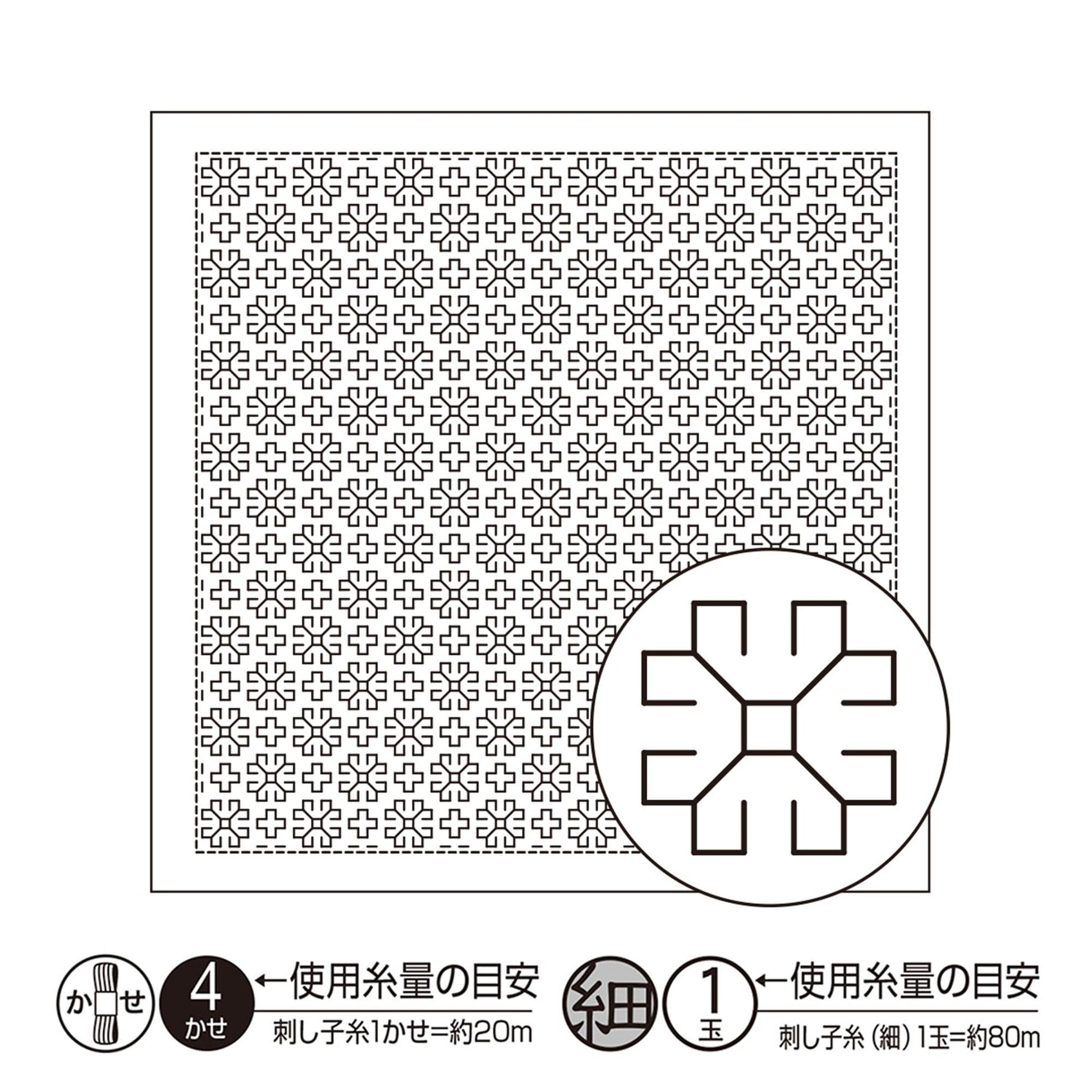 The image is a black and white square with a repeating pattern of small white flowers. There is a circular symbol with a square pattern inside it, and some text below the image.