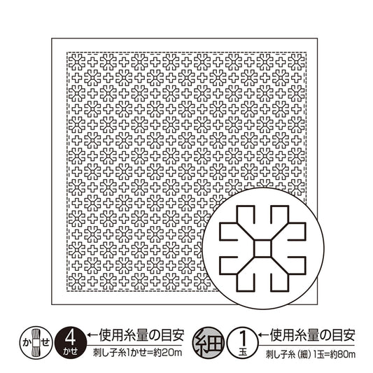 The image is a black and white square with a repeating pattern of small white flowers. There is a circular symbol with a square pattern inside it, and some text below the image.