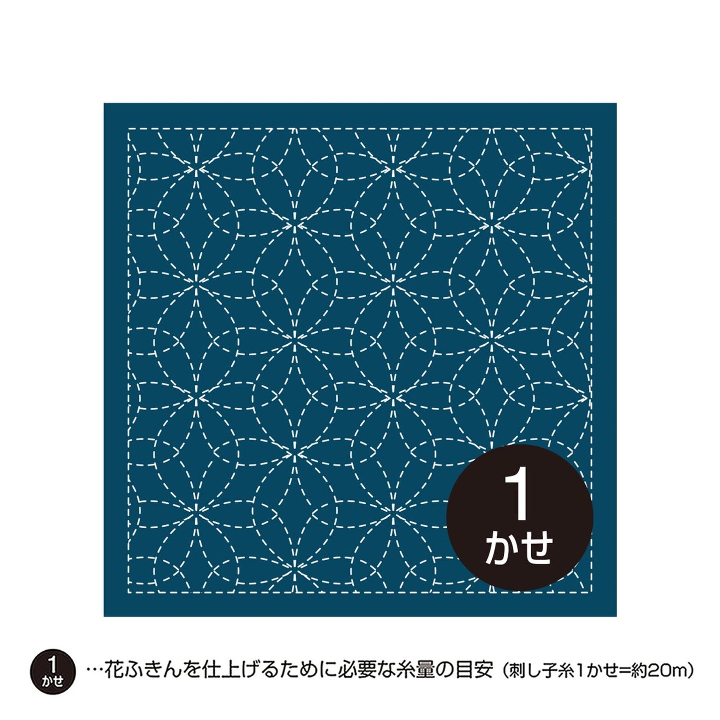 A square with a repeating pattern of blue and white circles, resembling a quilt or textile design.