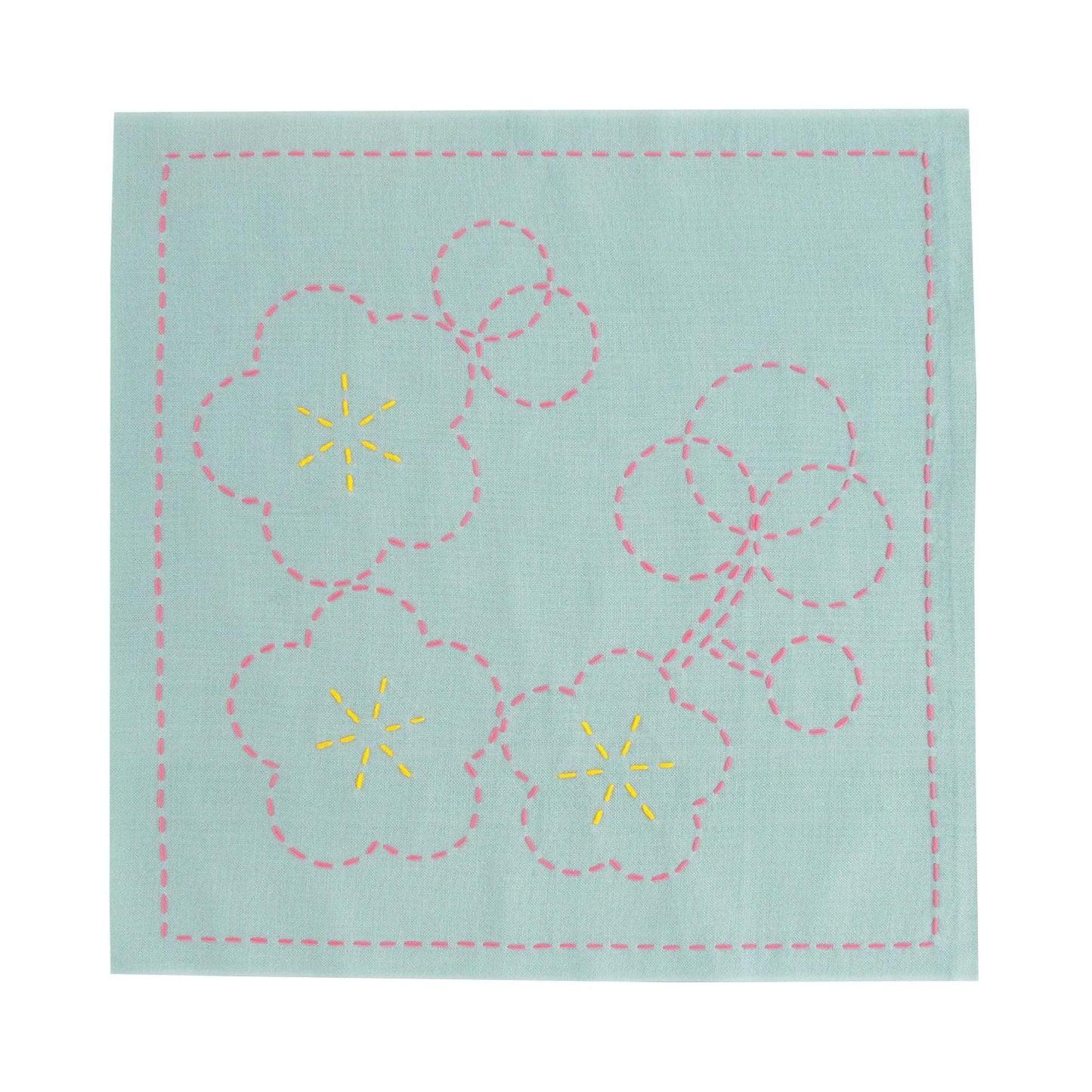 a square piece of fabric with a floral design, including three pink flowers with yellow centers and a pink stem.
