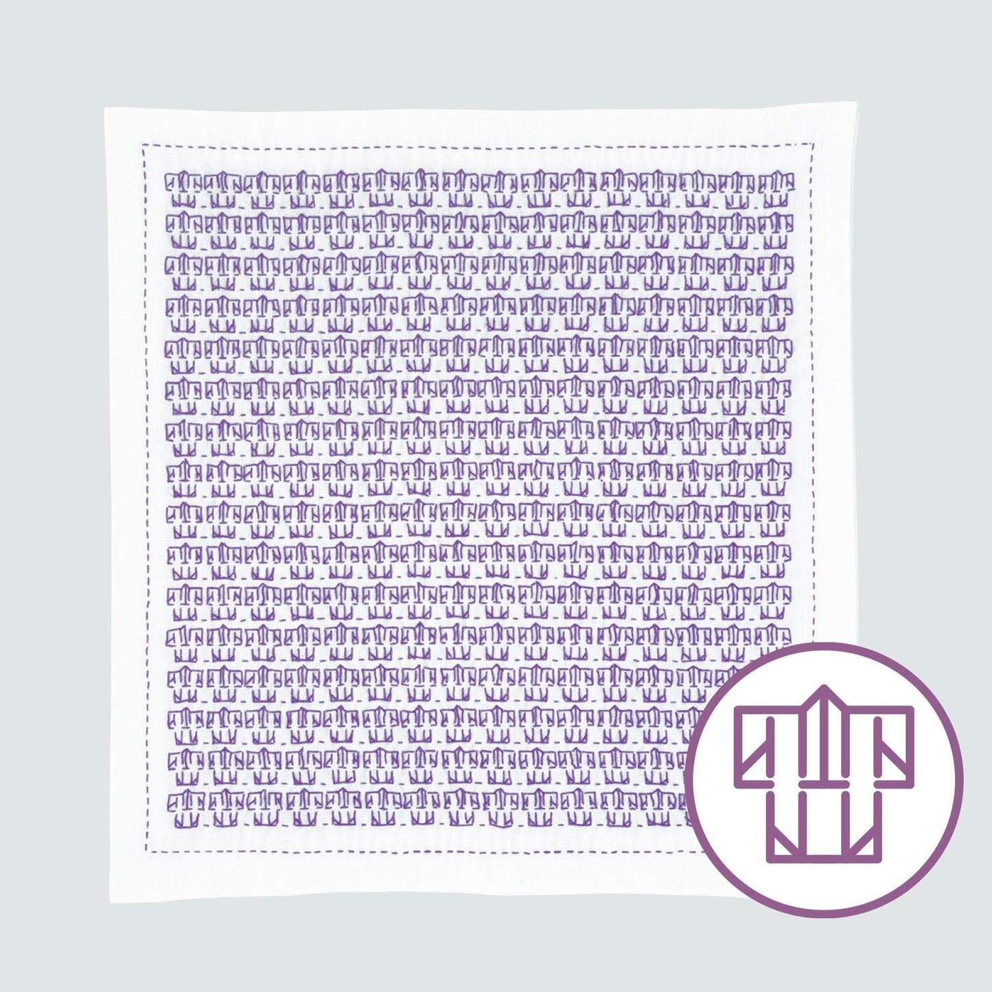The image is a square with a repeating pattern of purple shapes, and there is a circular logo with a purple border and a white triangle inside it.
