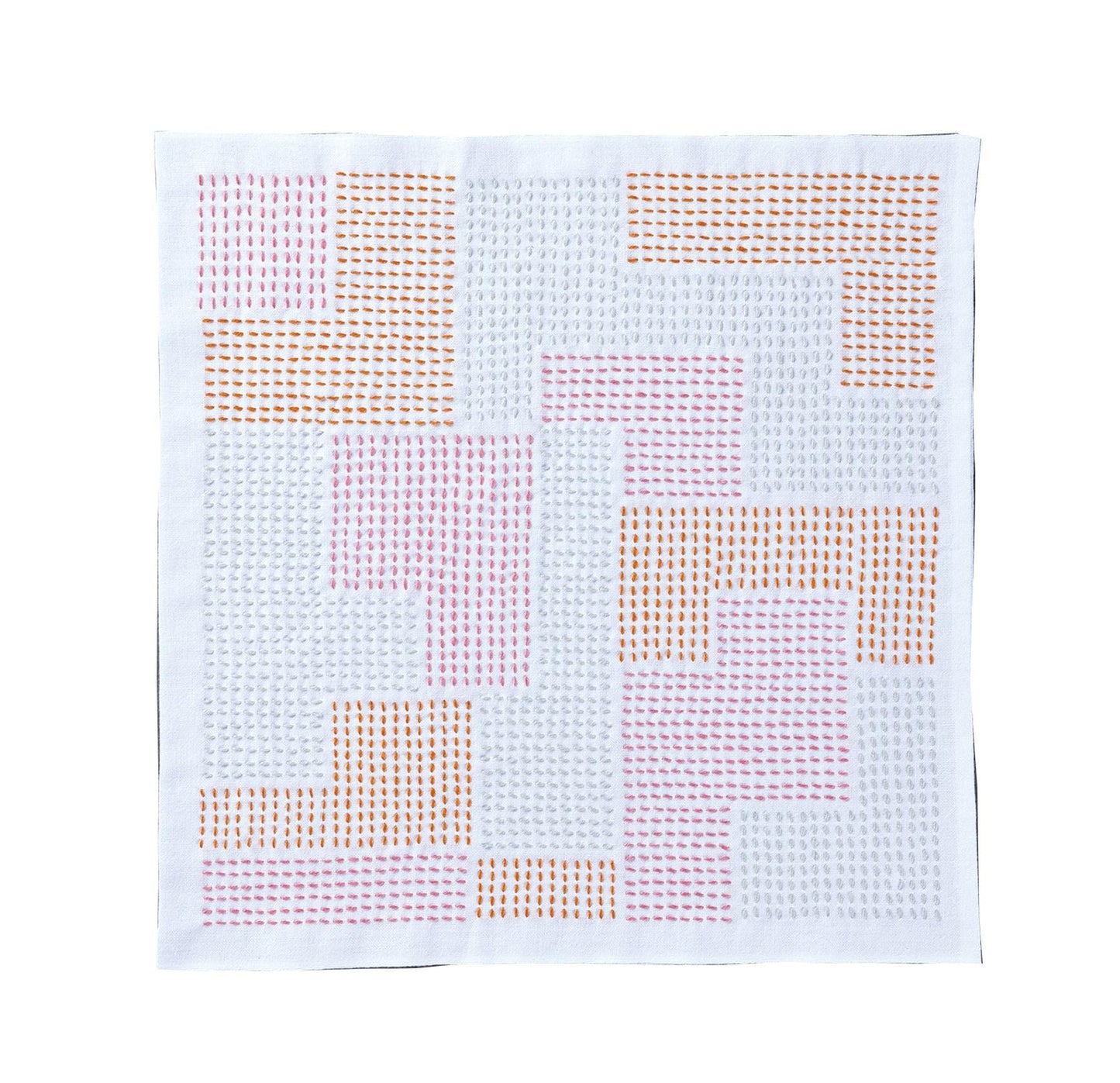 The image is a square with a grid-like pattern of small circles or dots in various colors, including pink, orange, and white.