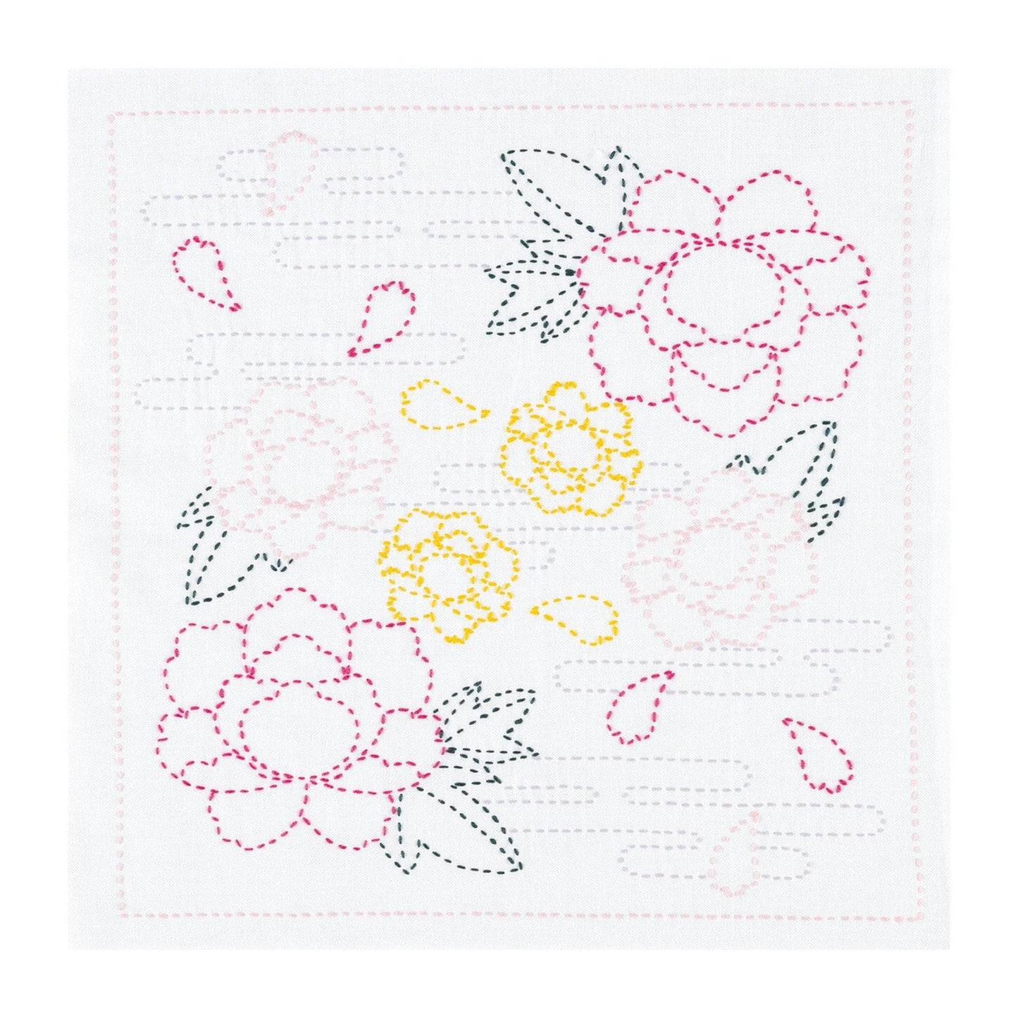 The image is a hand-stitched embroidery featuring various flowers and leaves in different colors, including pink, yellow, and green.