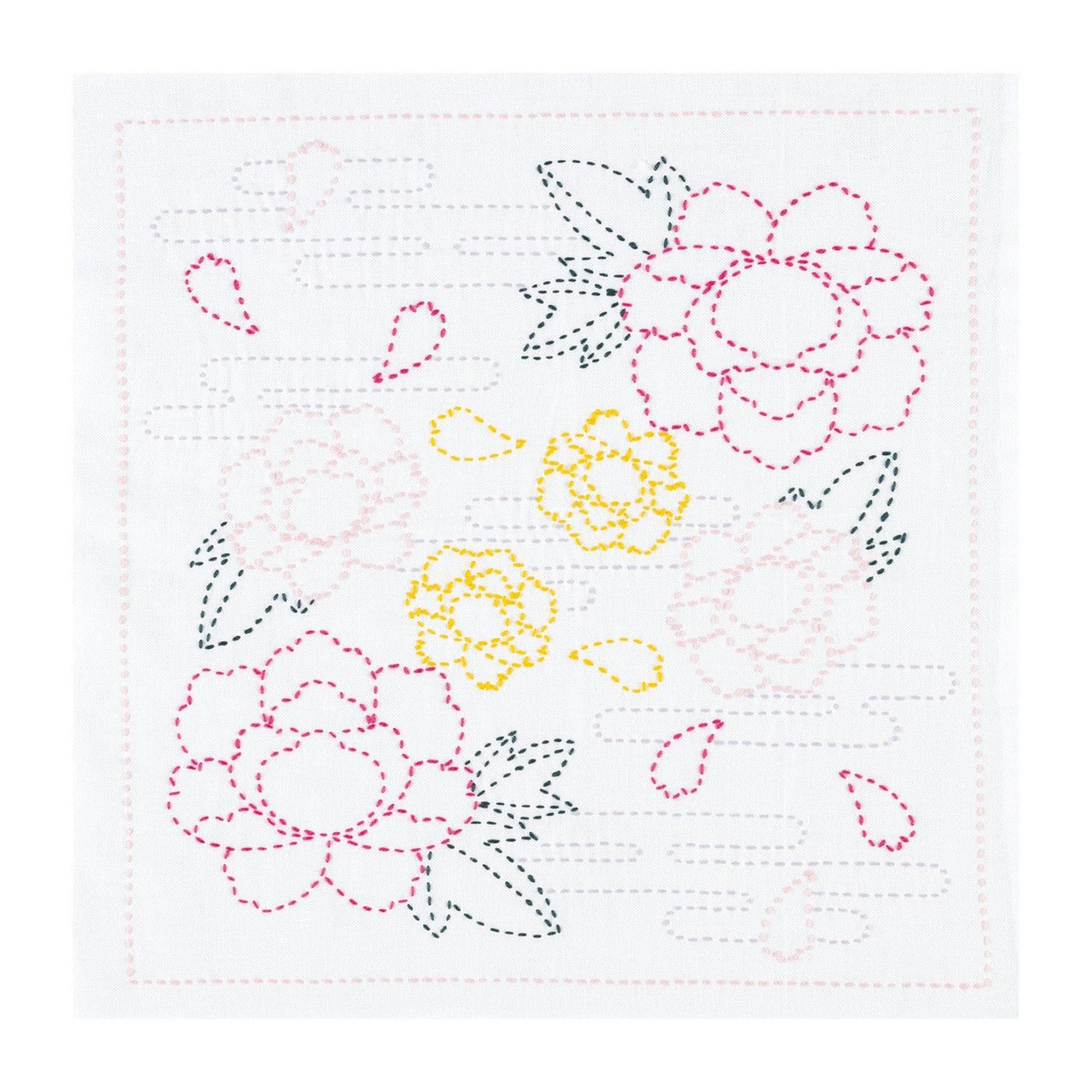The image is a hand-stitched embroidery featuring various flowers and leaves in different colors, including pink, yellow, and green.