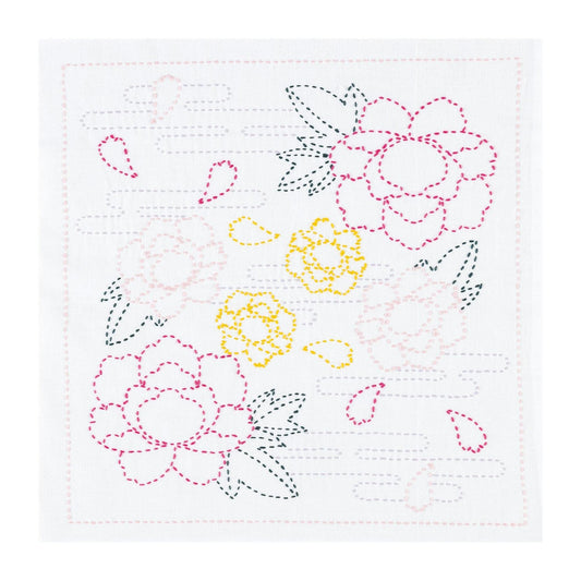 The image is a hand-stitched embroidery featuring various flowers and leaves in different colors, including pink, yellow, and green.