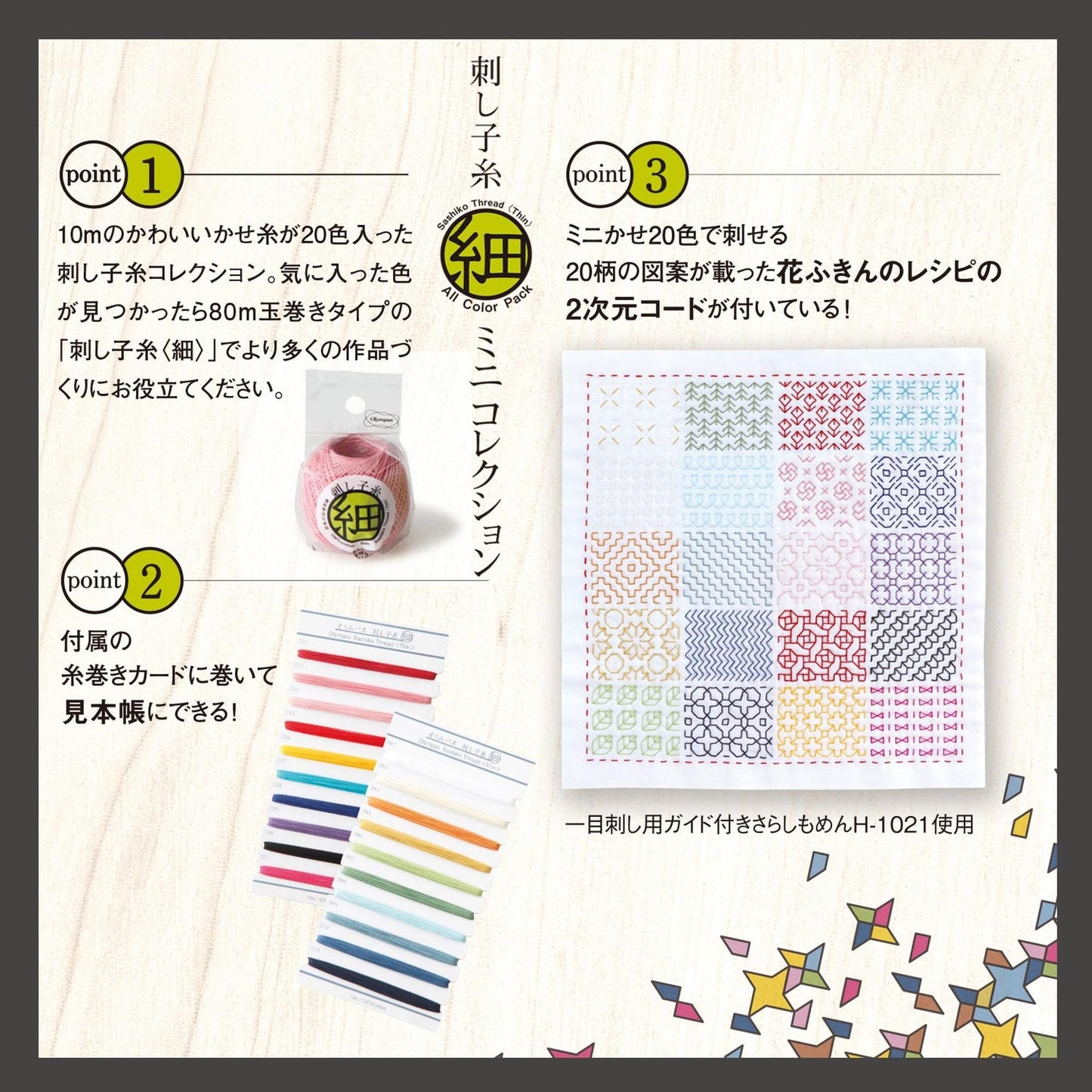The image is a collage of various craft supplies and patterns, including a package of yarn, a cross-stitch kit, and a set of colorful spools of thread. The text in the image is in Japanese and provides information about the items, such as their point numbers and the price.