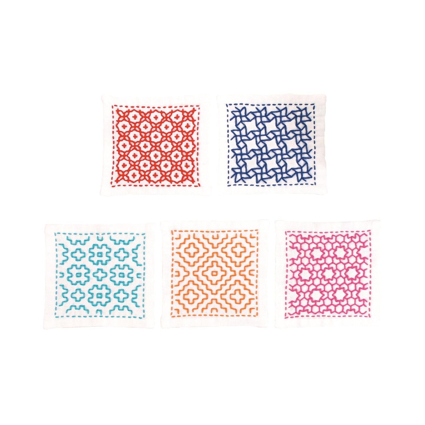 five square pieces of fabric with different patterns and colors, arranged in a row.