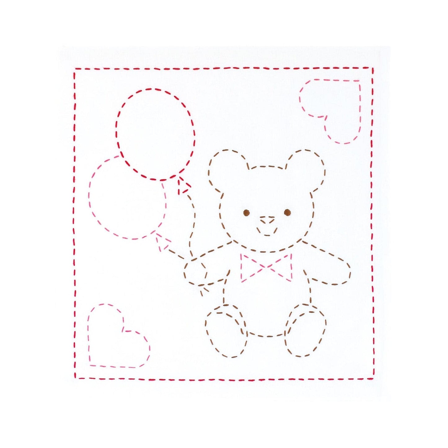 A simple line drawing of a teddy bear holding three balloons, with hearts surrounding the bear.
