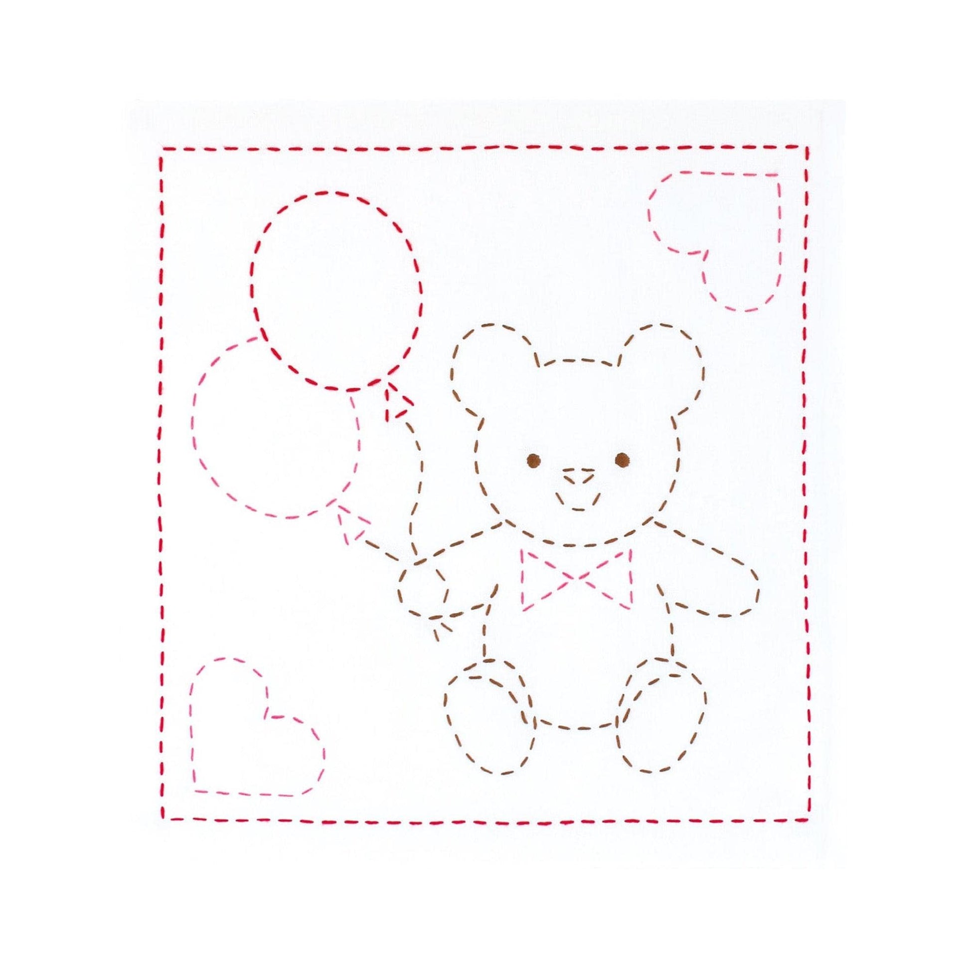 A simple line drawing of a teddy bear holding three balloons, with hearts surrounding the bear.