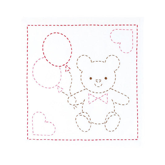 A simple line drawing of a teddy bear holding three balloons, with hearts surrounding the bear.