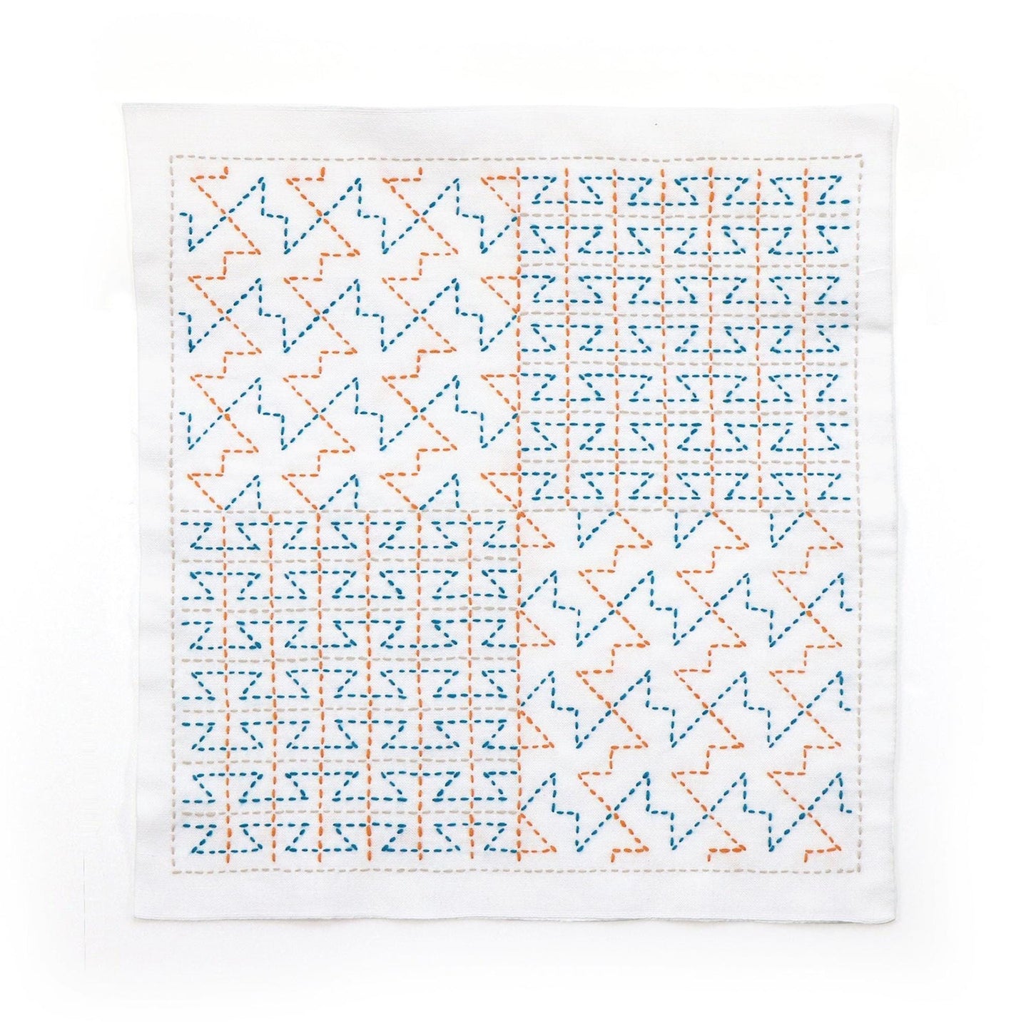 The image is a square with a repeating pattern of blue and orange triangles and squares, creating a visually striking and intricate design.