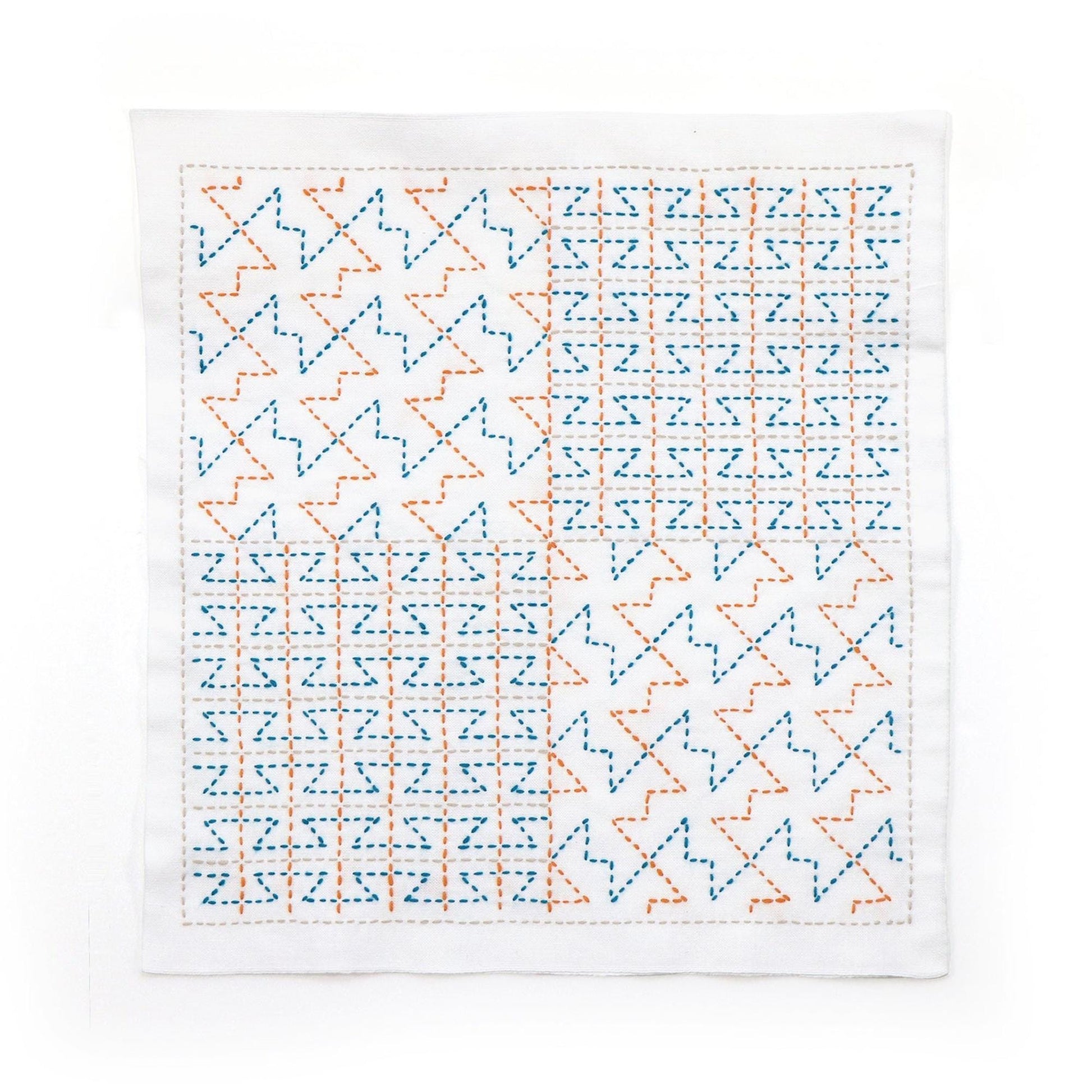 The image is a square with a repeating pattern of blue and orange triangles and squares, creating a visually striking and intricate design.