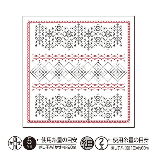 The image is a square with a repeating pattern of snowflakes and geometric shapes, including a red border. The pattern is composed of various shapes and sizes of snowflakes and diamonds, creating a visually striking design.
