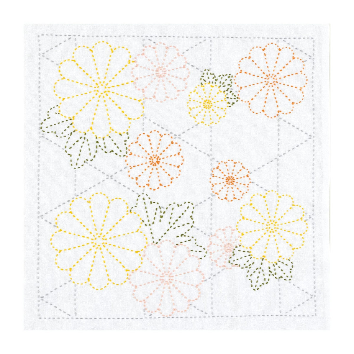 a variety of colorful flowers, including yellow, orange, and green, arranged in a grid-like pattern.
