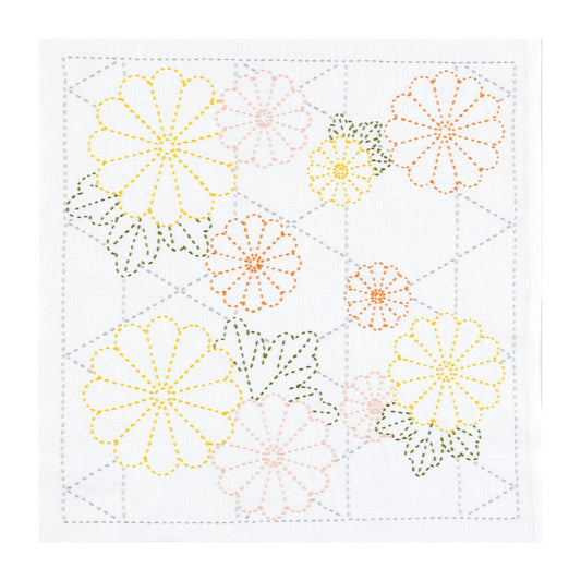 a variety of colorful flowers, including yellow, orange, and green, arranged in a grid-like pattern.