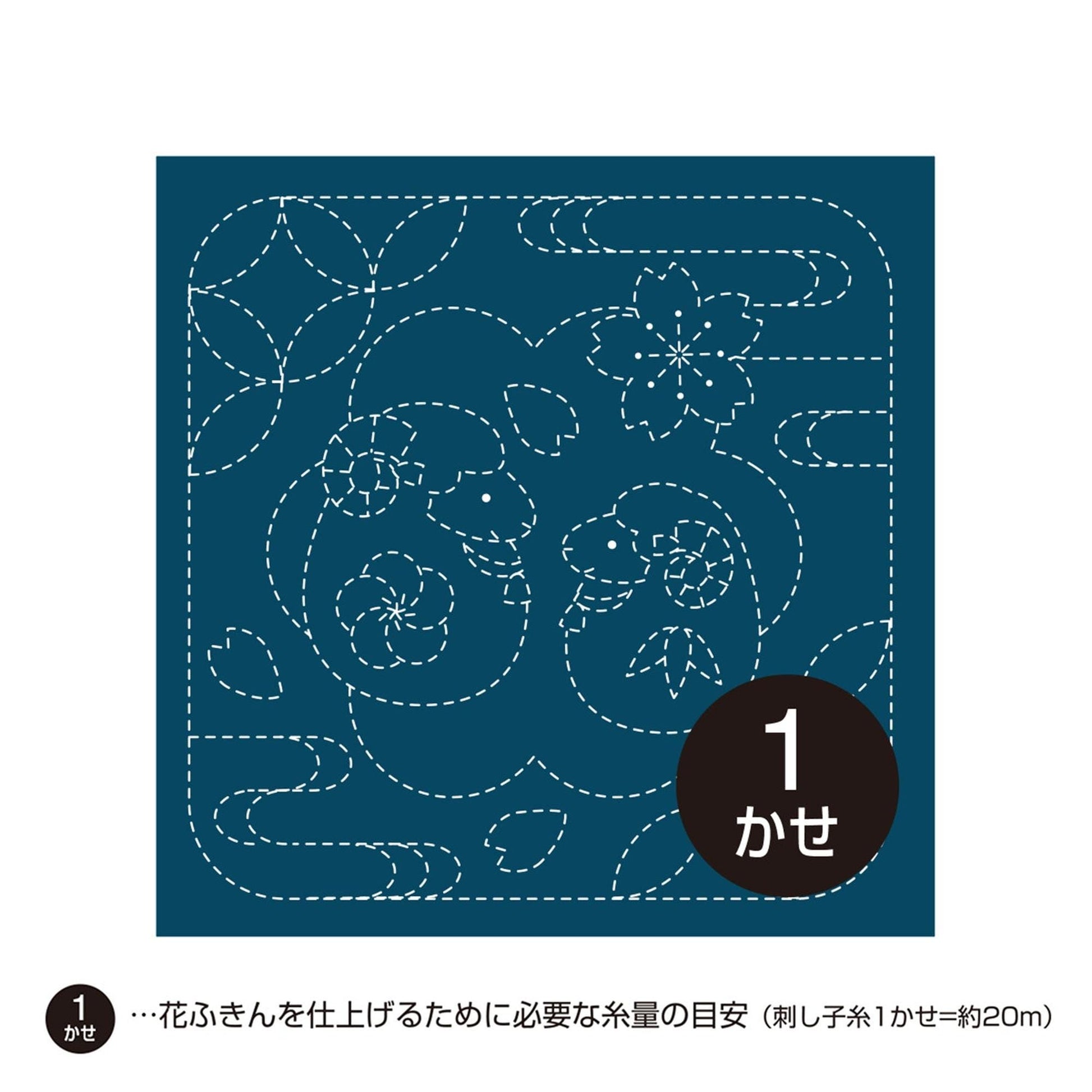A square-shaped blue background with white dotted lines and floral designs, including a large flower and a fish.