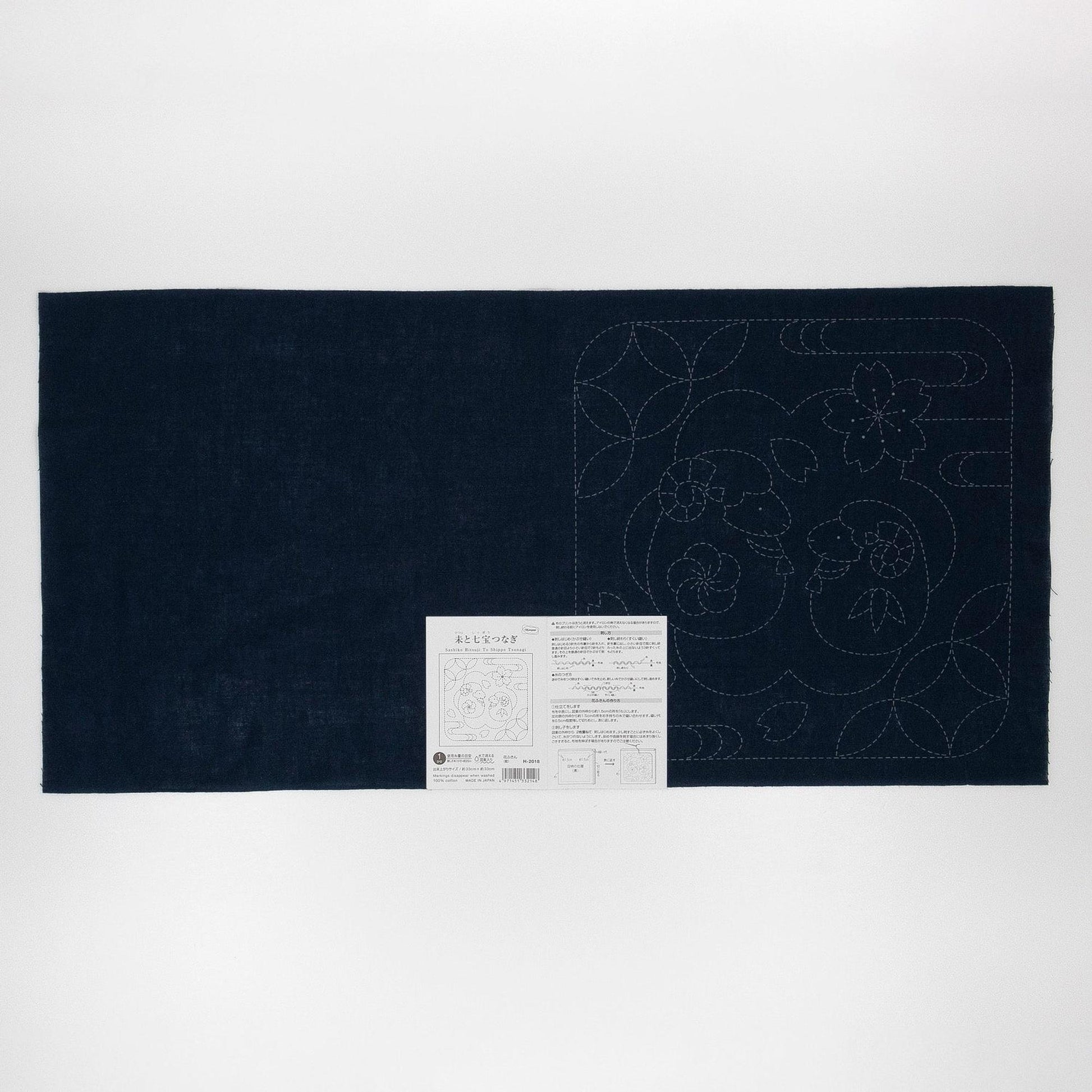 a dark blue fabric with a white label attached to it, which appears to be a sewing or crafting material.