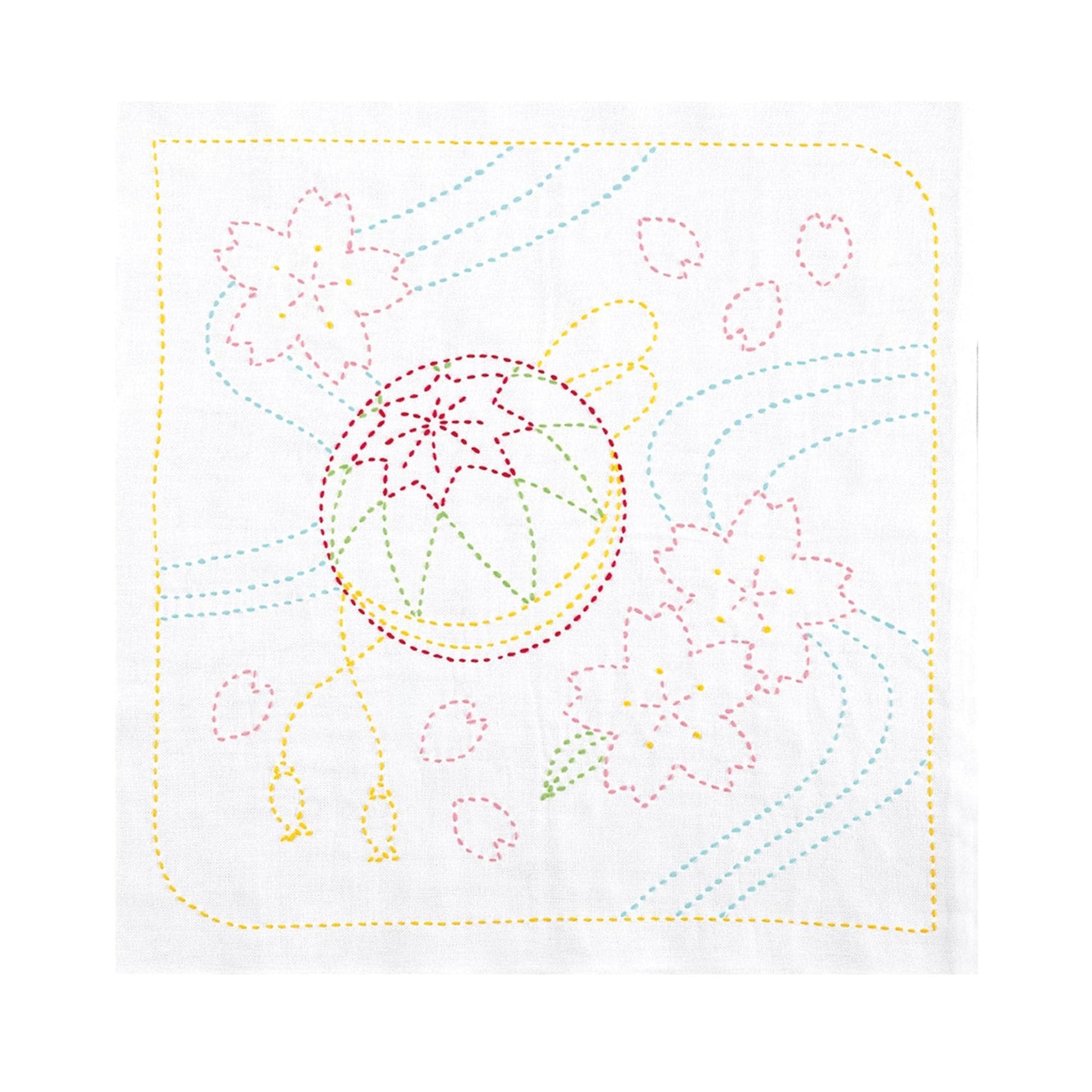 The image is a colorful embroidery design featuring various flowers and shapes, including a large flower in the center and smaller flowers surrounding it.