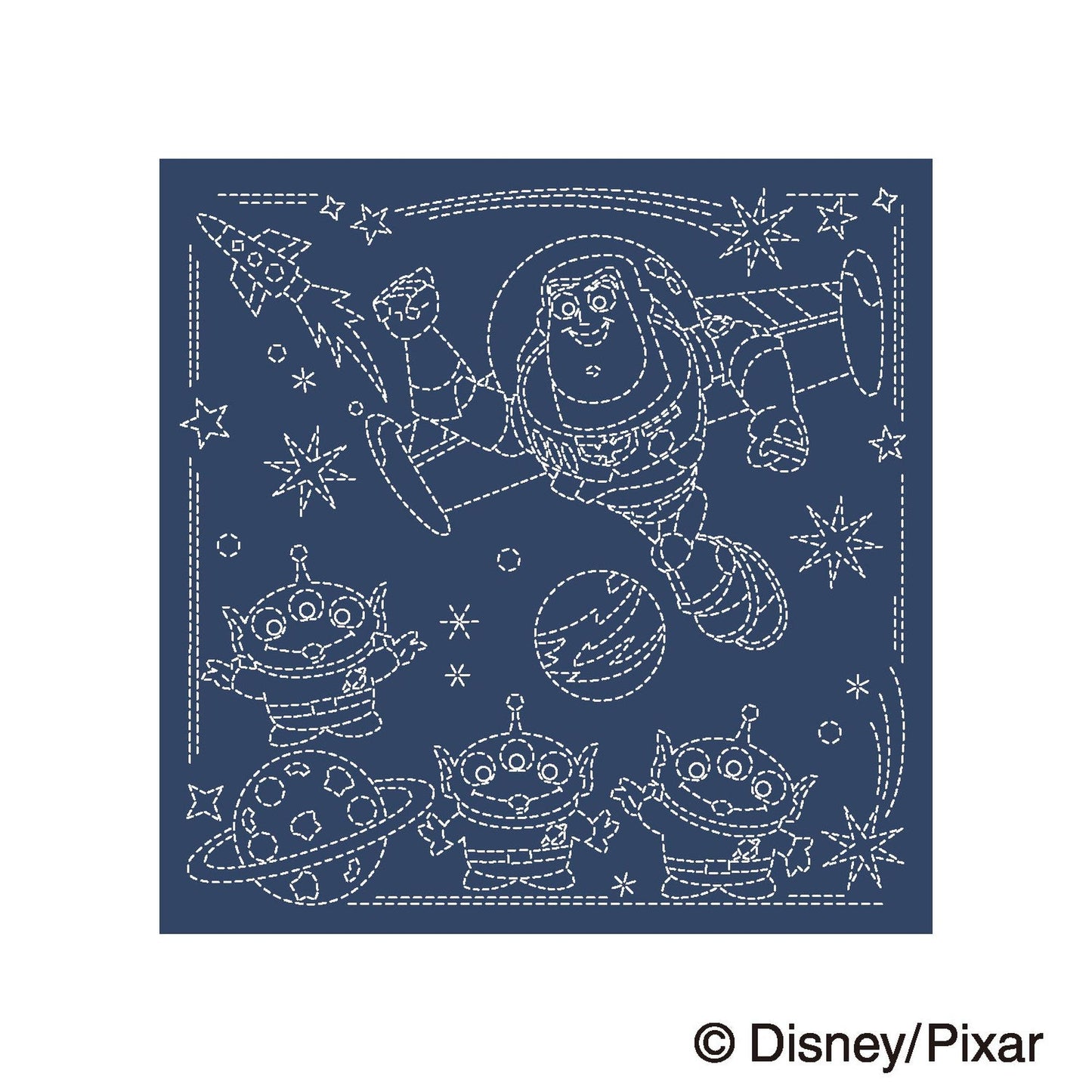 A blue background with a space theme, featuring a character from the animated film Toy Story flying through the sky, accompanied by several smaller alien characters.