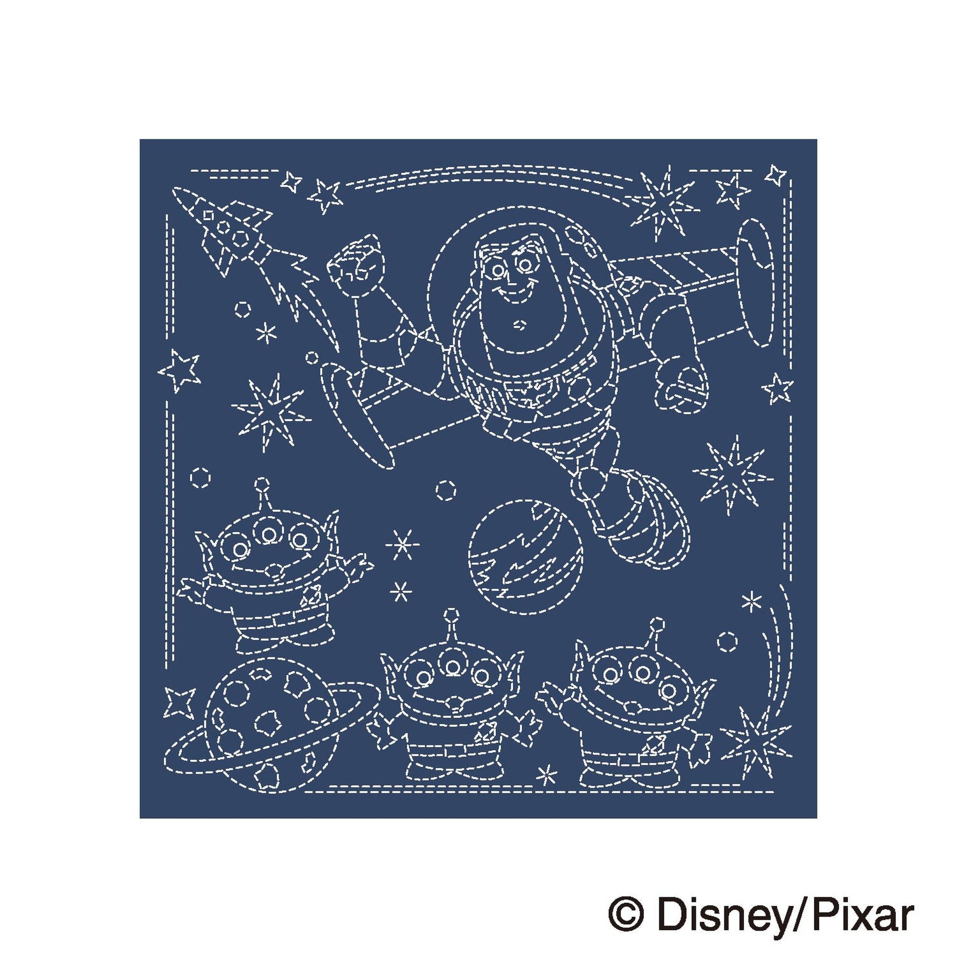 A blue background with a space theme, featuring a character from the animated film Toy Story flying through the sky, accompanied by several smaller alien characters.
