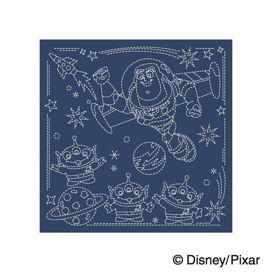 A blue background with a space theme, featuring a character from the animated film Toy Story flying through the sky, accompanied by several smaller alien characters.